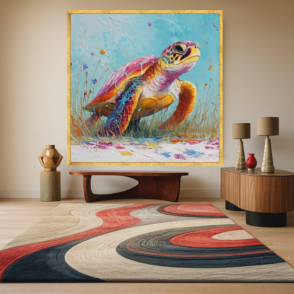 Vibrant Sea Turtle Canvas, Colorful Marine Life Art, Coastal Wall Decor, Ocean Animal Print, Framed Canvas Wall Art
