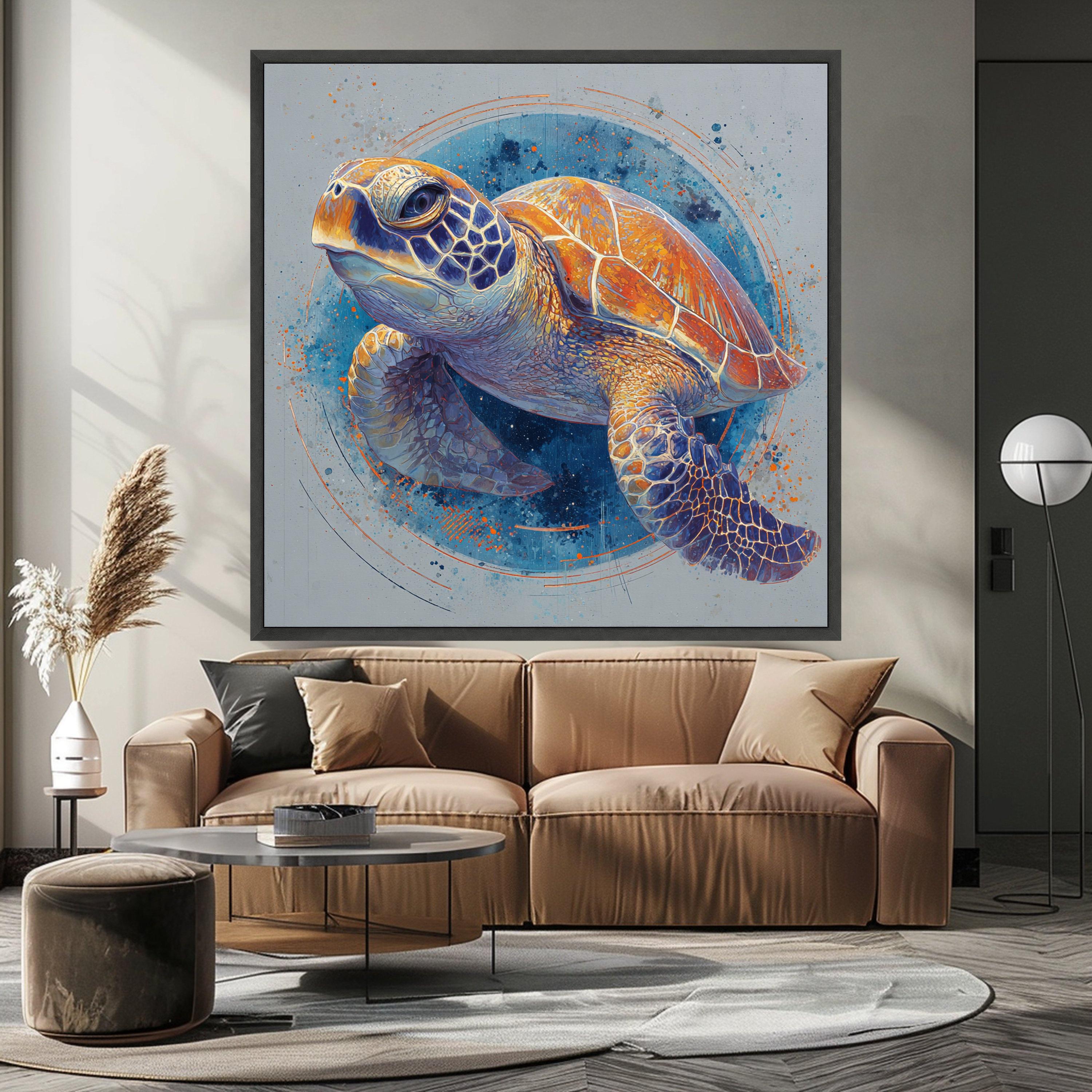 Vibrant Sea Turtle Canvas, Ocean Animal Art, Colorful Marine Wall Decor, Framed Nature Print