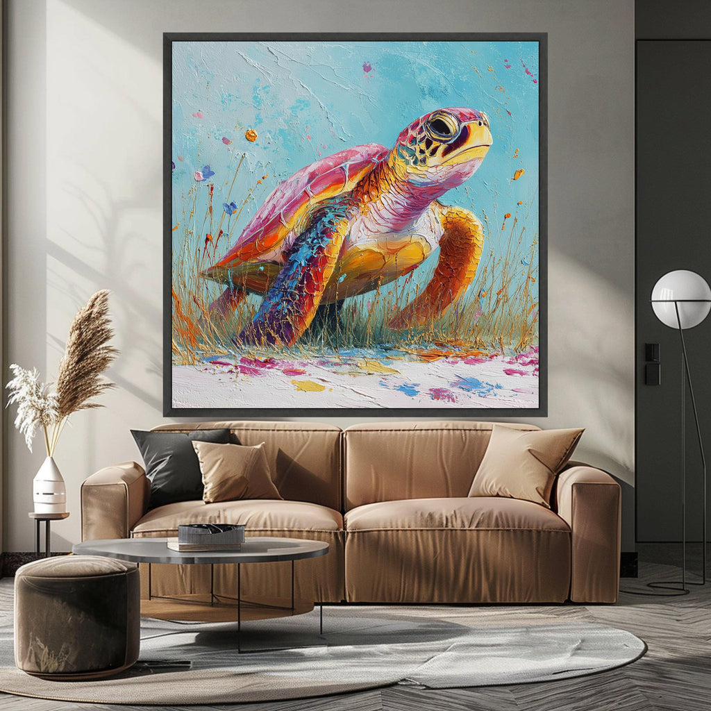 Vibrant Sea Turtle Canvas, Colorful Marine Life Art, Coastal Wall Decor, Ocean Animal Print, Framed Canvas Wall Art