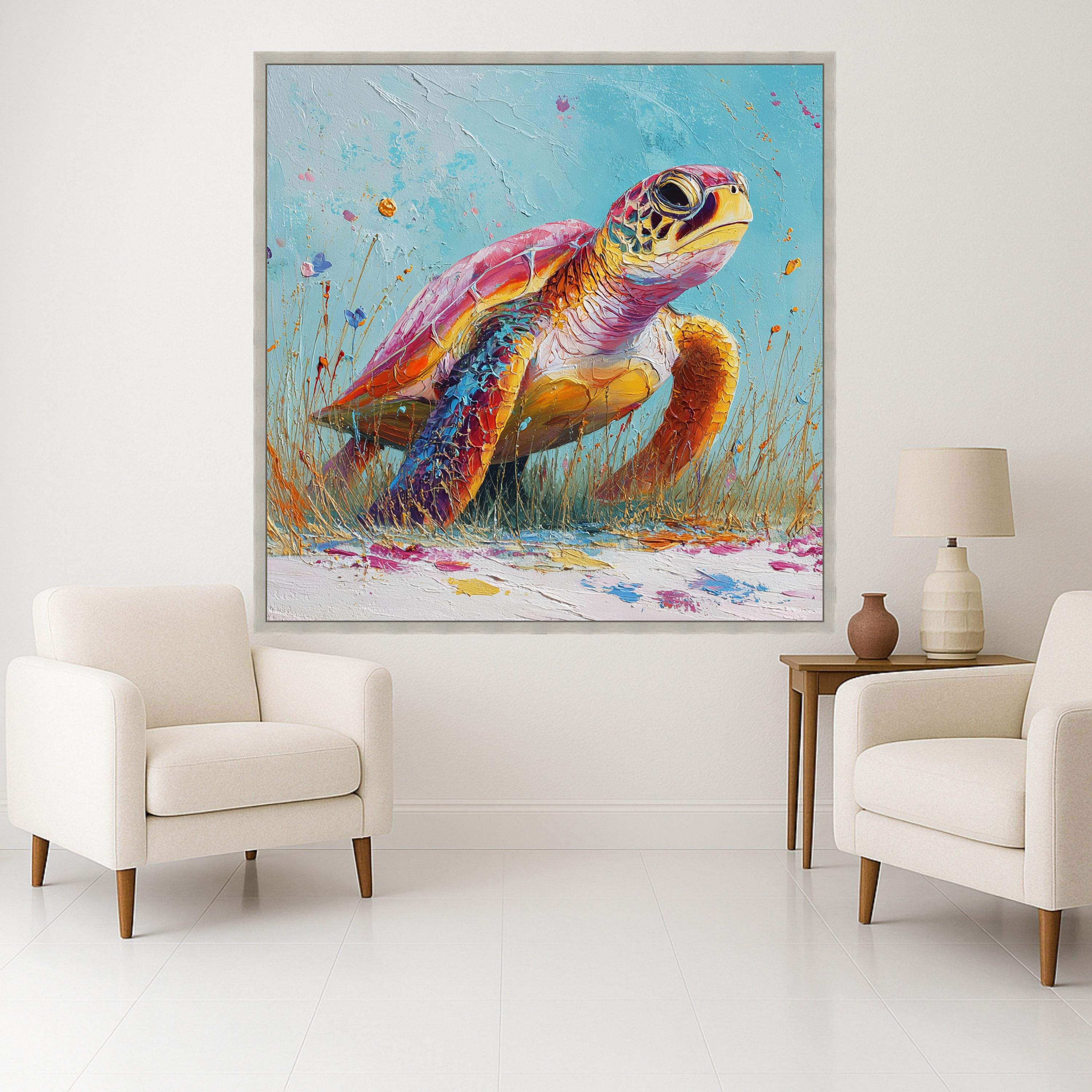 Vibrant Sea Turtle Canvas, Colorful Marine Life Art, Coastal Wall Decor, Ocean Animal Print, Framed Canvas Wall Art