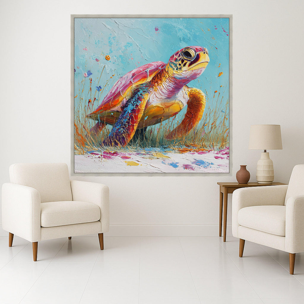 Vibrant Sea Turtle Canvas, Colorful Marine Life Art, Coastal Wall Decor, Ocean Animal Print, Framed Canvas Wall Art