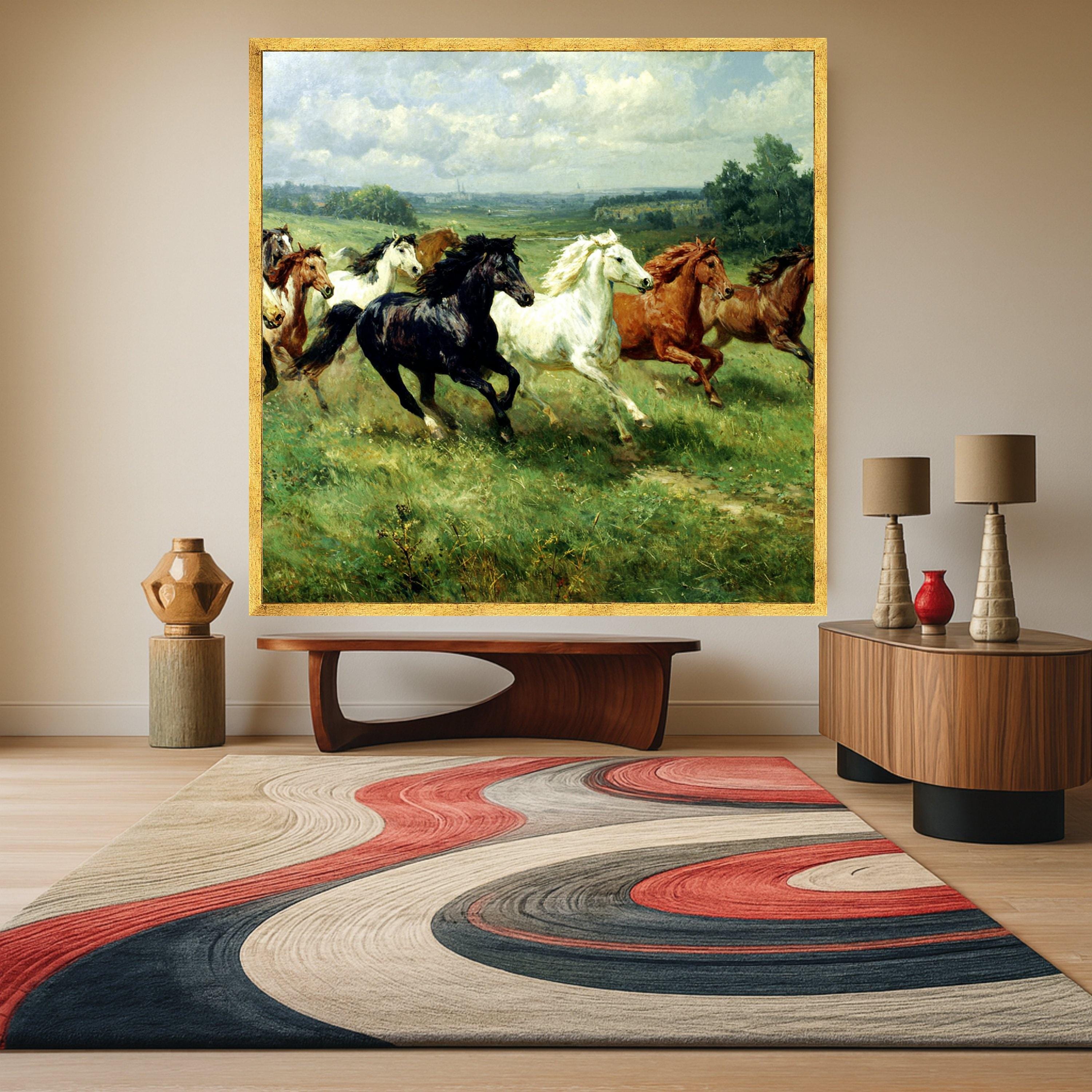 Galloping Horses Canvas, Wild Horse Print, Nature Landscape Art, Farm Animal Wall Decor, Framed Country Scene