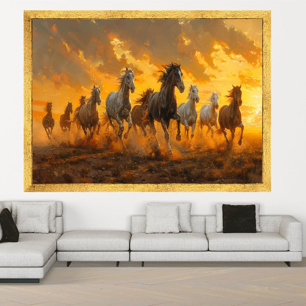 Wild Horses Running Canvas, Sunset Landscape Wall Art, Framed Animal Print, Nature Scene Decoration