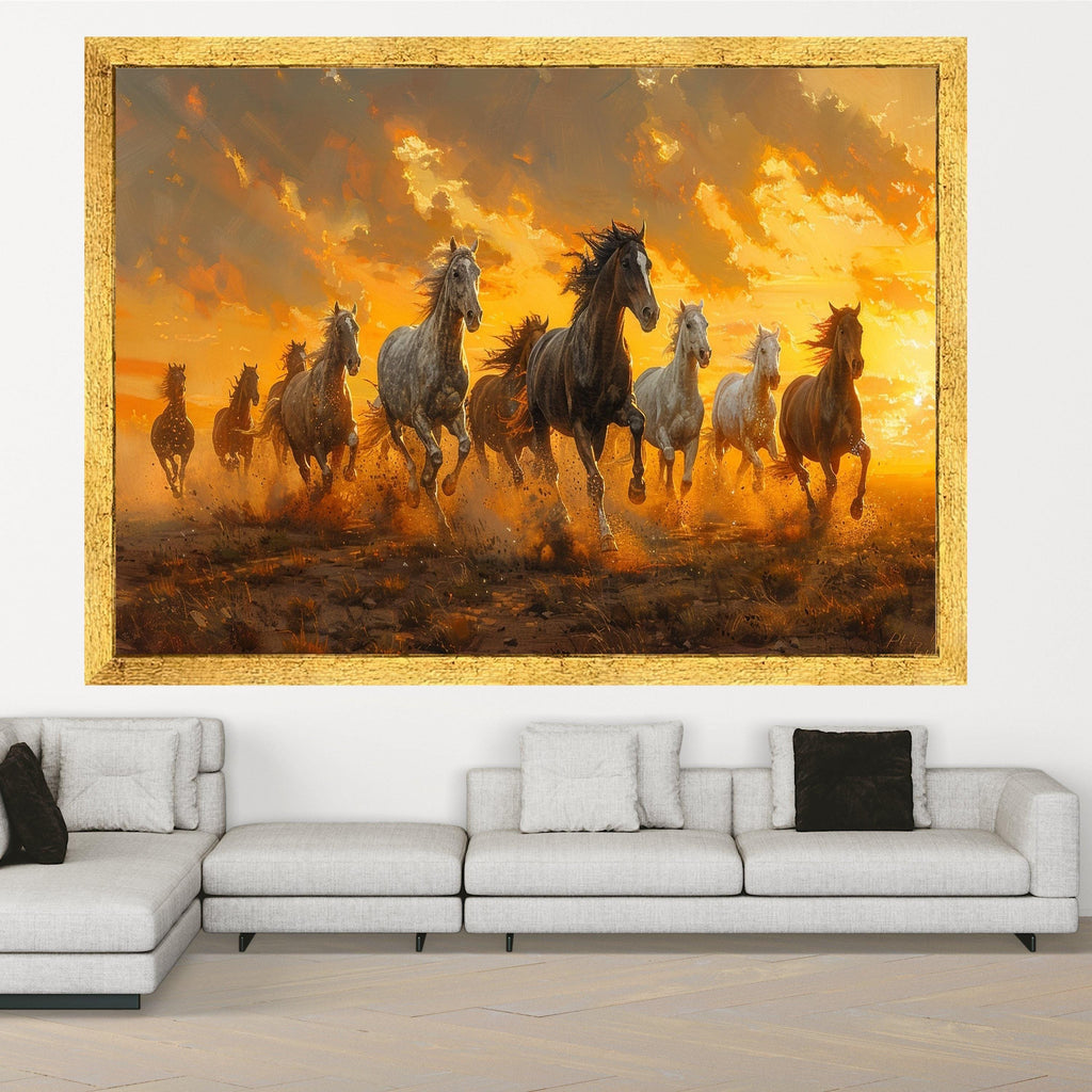 Wild Horses Running Canvas, Sunset Landscape Wall Art, Framed Animal Print, Nature Scene Decoration
