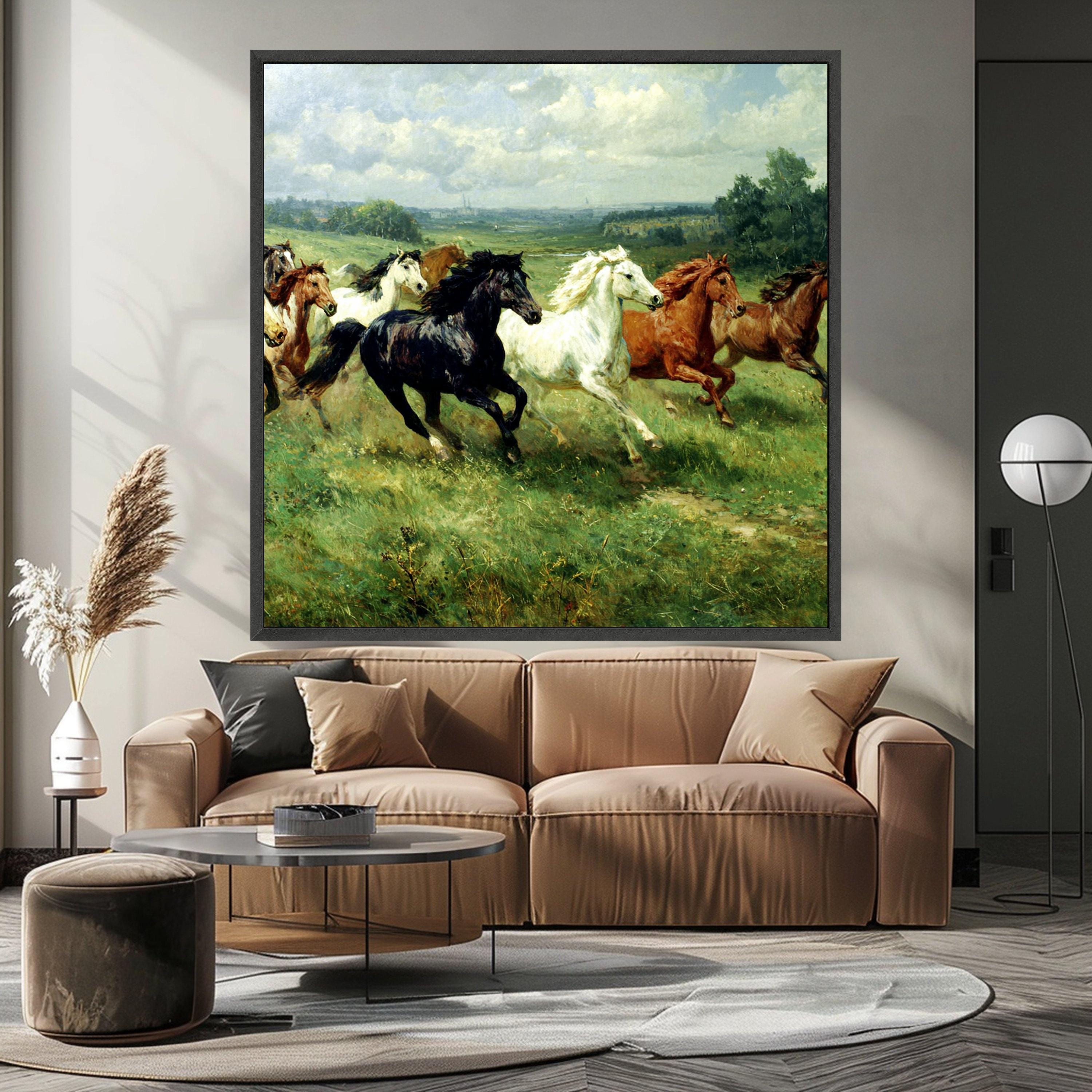 Galloping Horses Canvas, Wild Horse Print, Nature Landscape Art, Farm Animal Wall Decor, Framed Country Scene