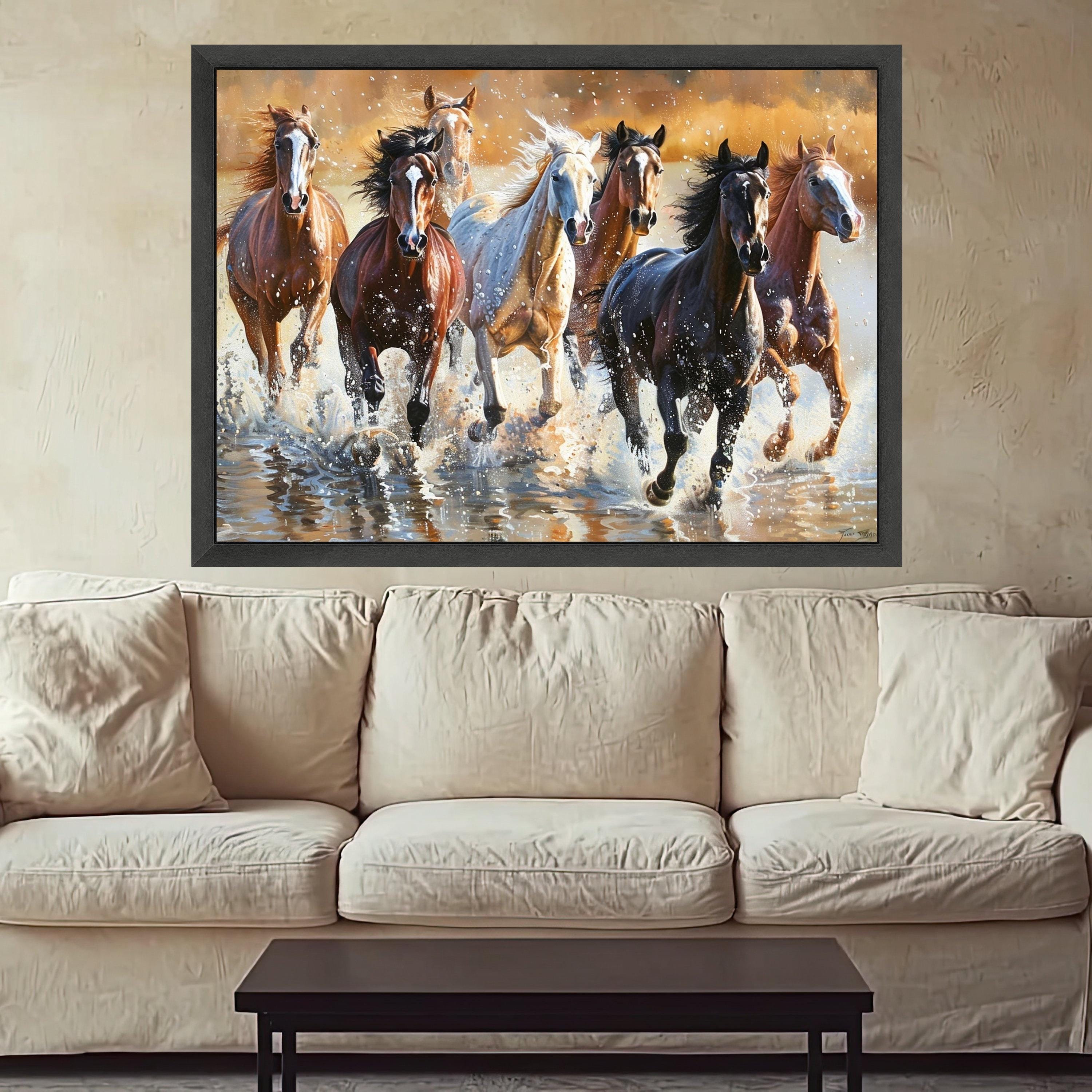 Running Horses Canvas, Wild Horse Print, Water Splash Wall Art, Framed Animal Decor