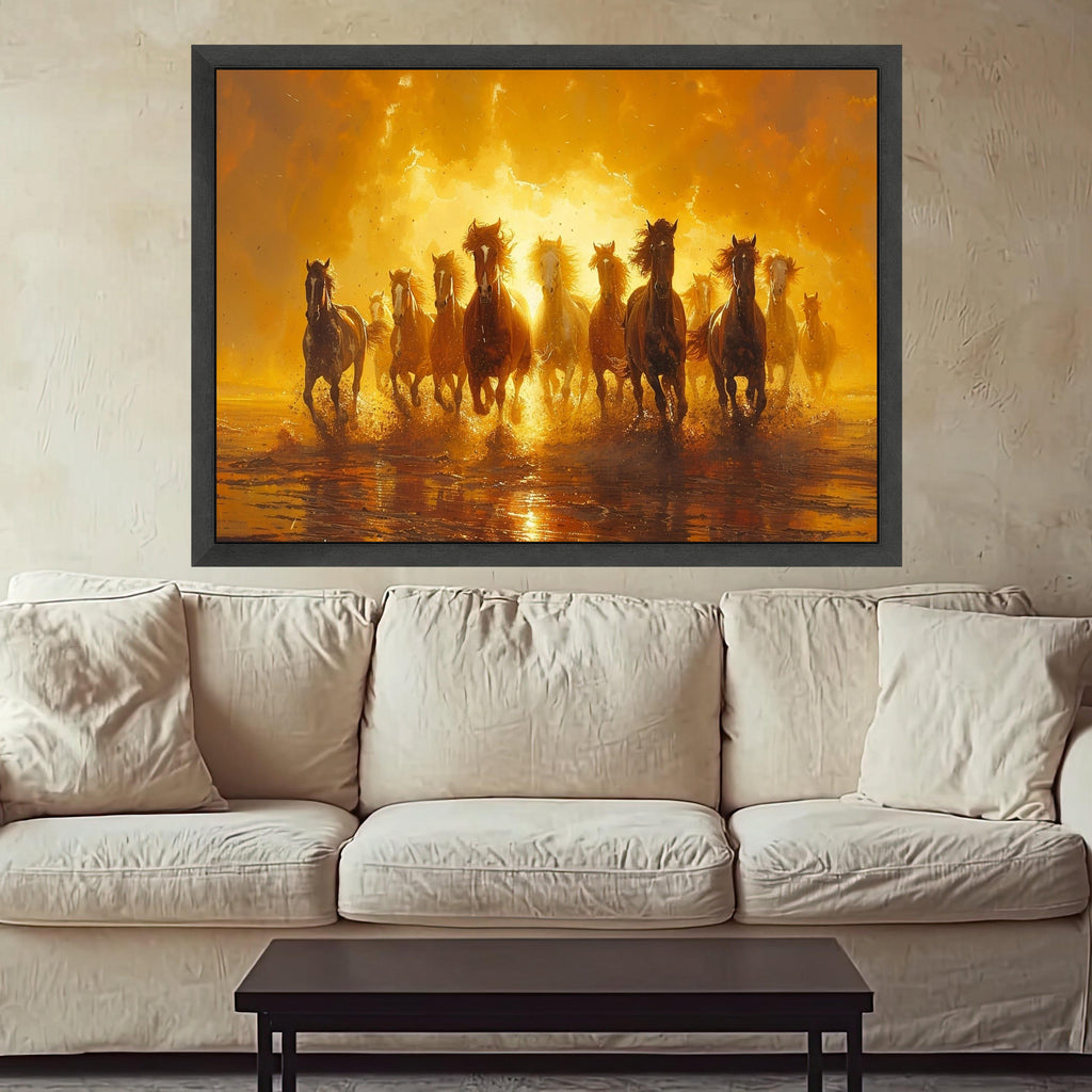 Galloping Wild Horses Canvas, Sunset Nature Print, Framed Animal Wall Art, Running Horses Scene