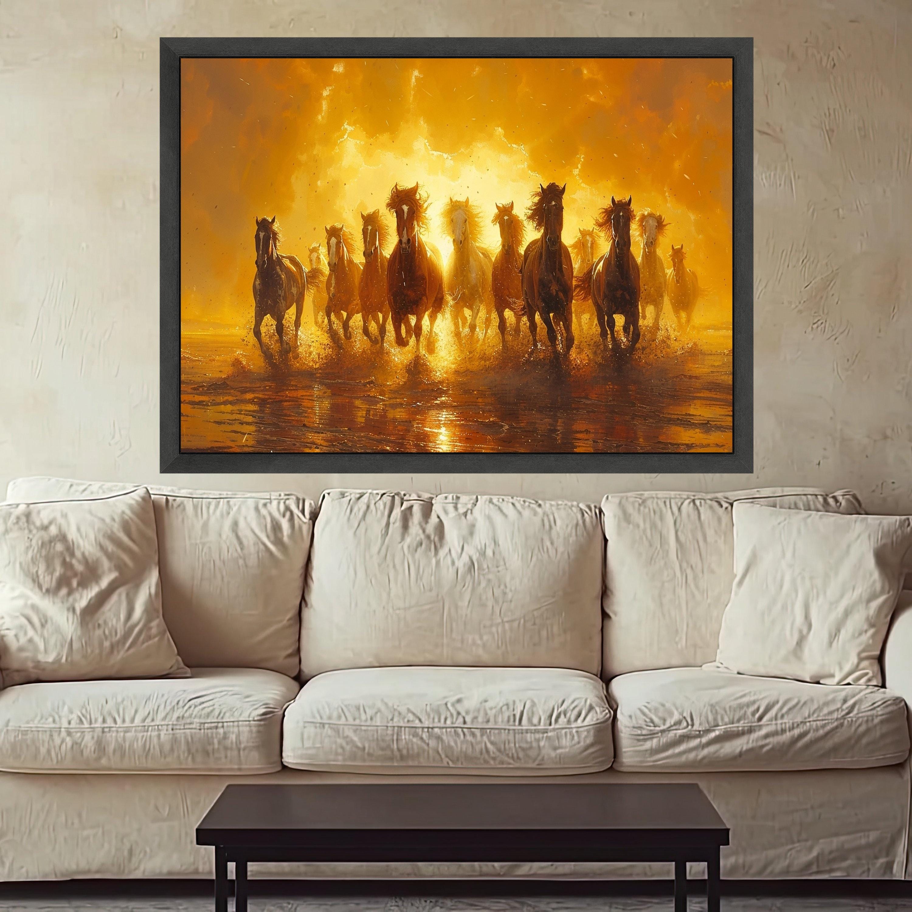 Galloping Wild Horses Canvas, Sunset Nature Print, Framed Animal Wall Art, Running Horses Scene