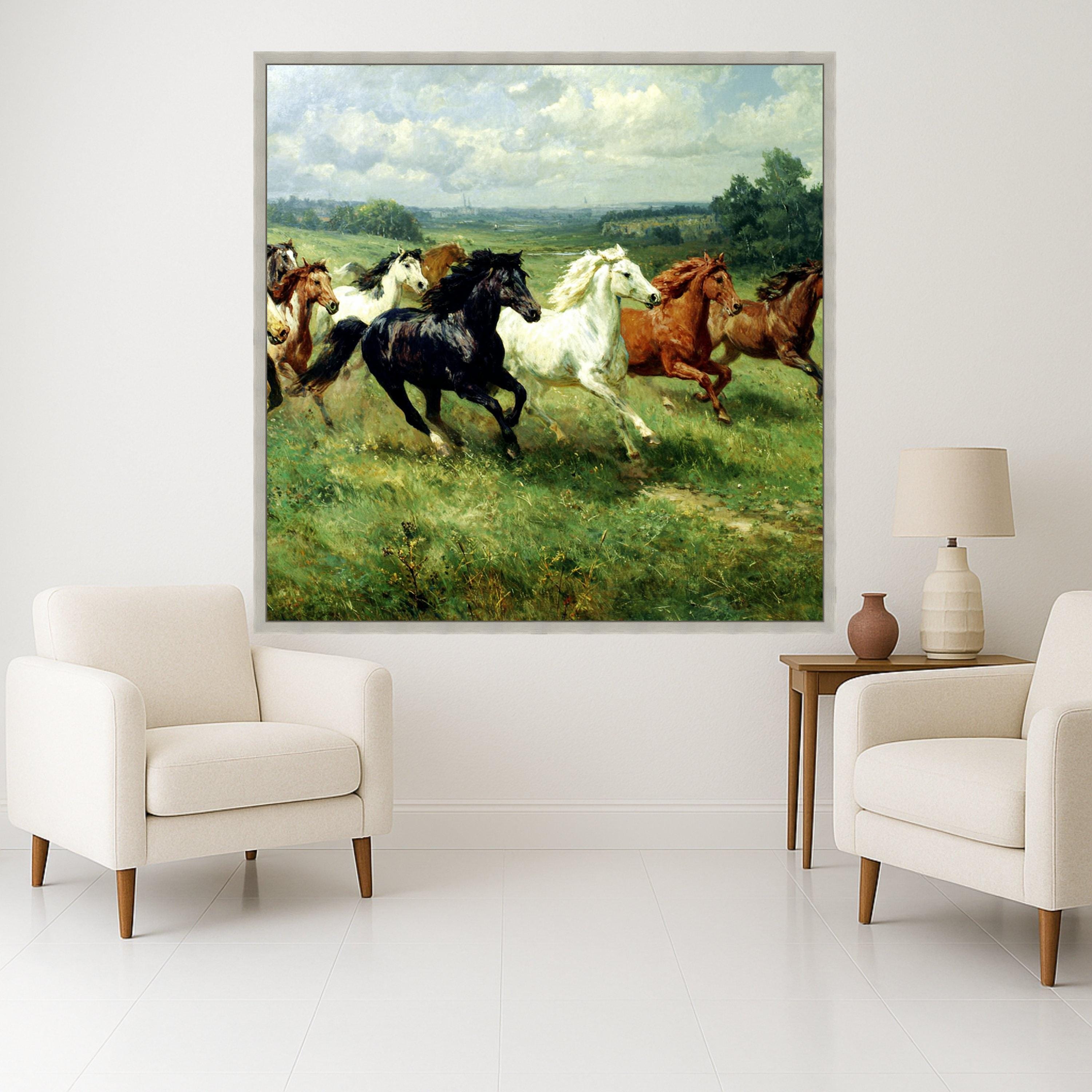 Galloping Horses Canvas, Wild Horse Print, Nature Landscape Art, Farm Animal Wall Decor, Framed Country Scene