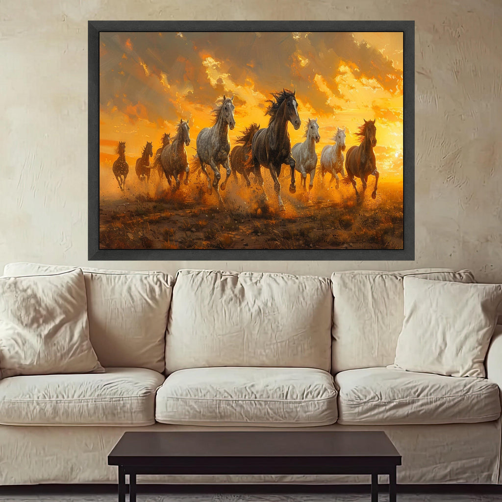 Wild Horses Running Canvas, Sunset Landscape Wall Art, Framed Animal Print, Nature Scene Decoration