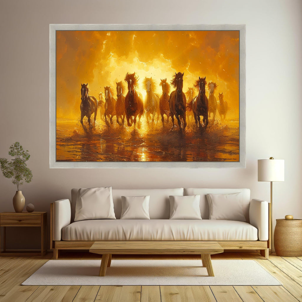 Galloping Wild Horses Canvas, Sunset Nature Print, Framed Animal Wall Art, Running Horses Scene
