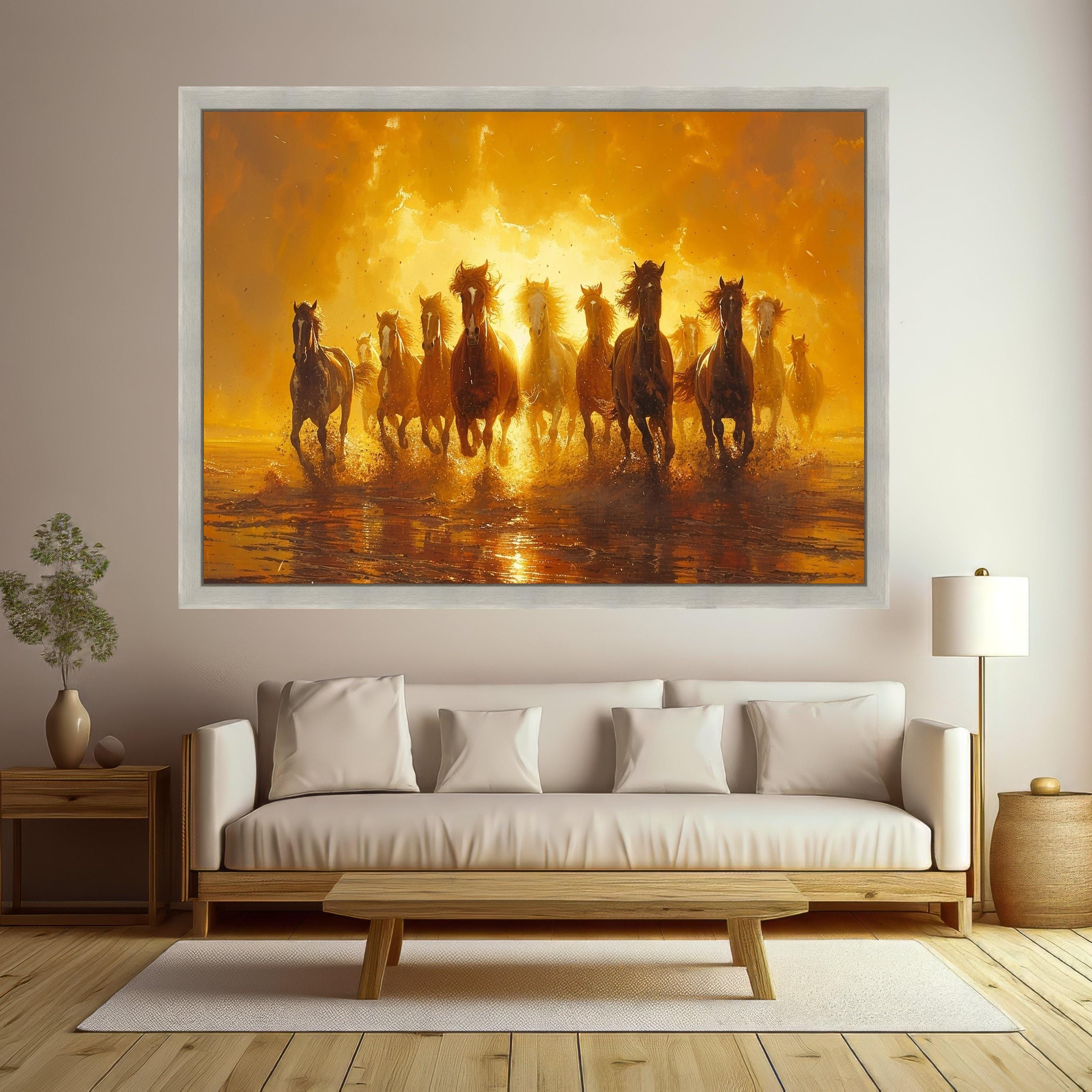 Galloping Wild Horses Canvas, Sunset Nature Print, Framed Animal Wall Art, Running Horses Scene