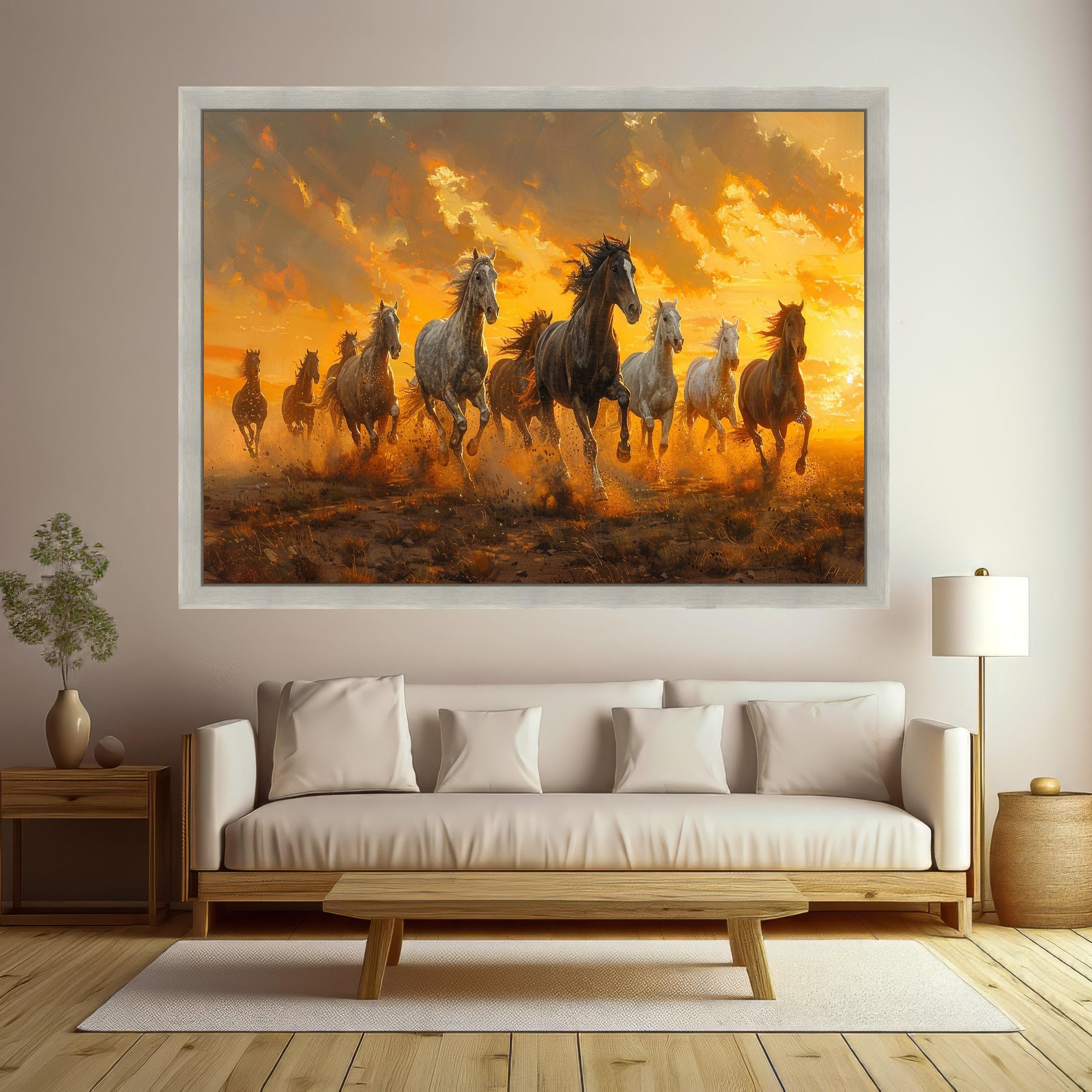Wild Horses Running Canvas, Sunset Landscape Wall Art, Framed Animal Print, Nature Scene Decoration
