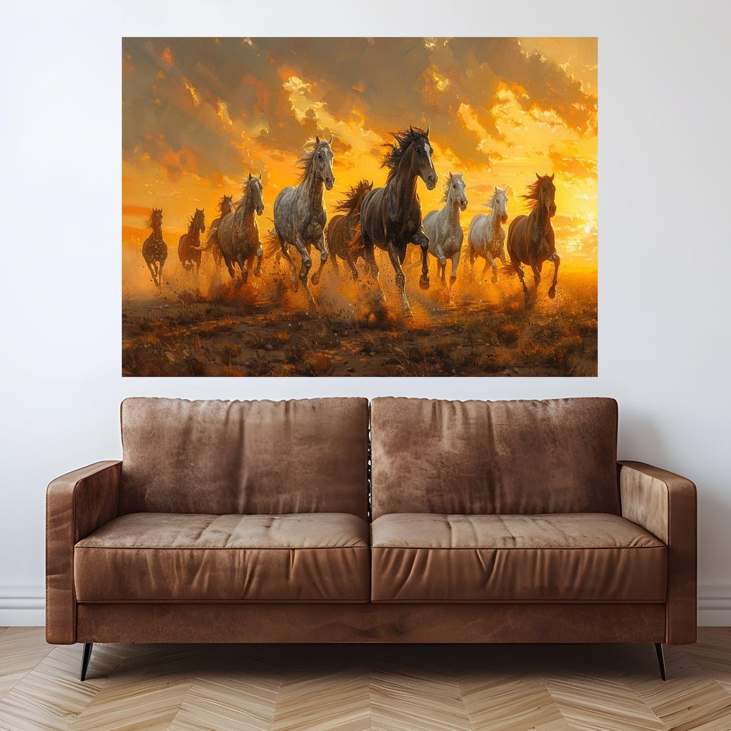 Wild Horses Running Canvas, Sunset Landscape Wall Art, Framed Animal Print, Nature Scene Decoration