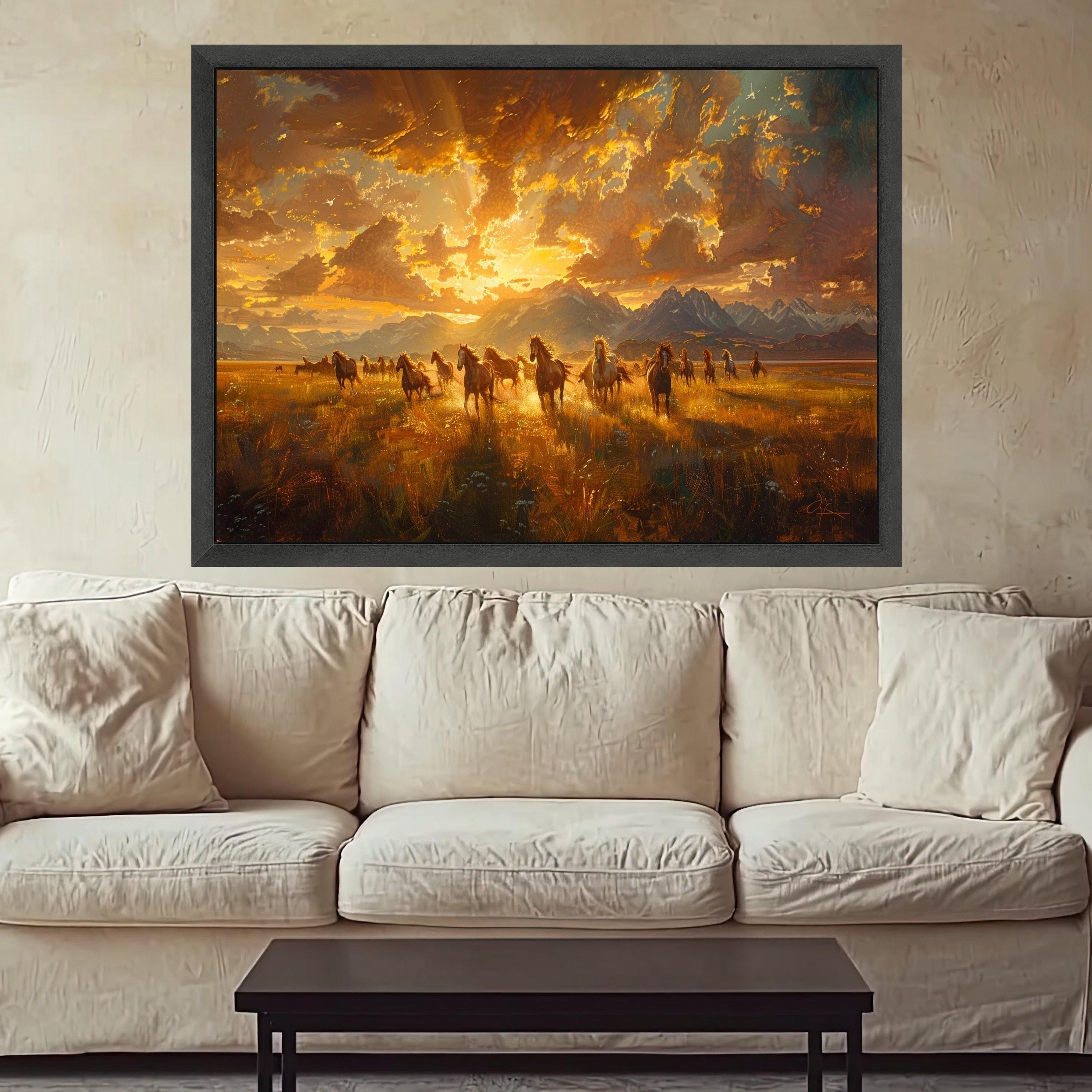 Wild Horses Running Canvas, Mountain Landscape Art, Sunset Scene Print, Nature Wall Decor, Framed Animal Canvas