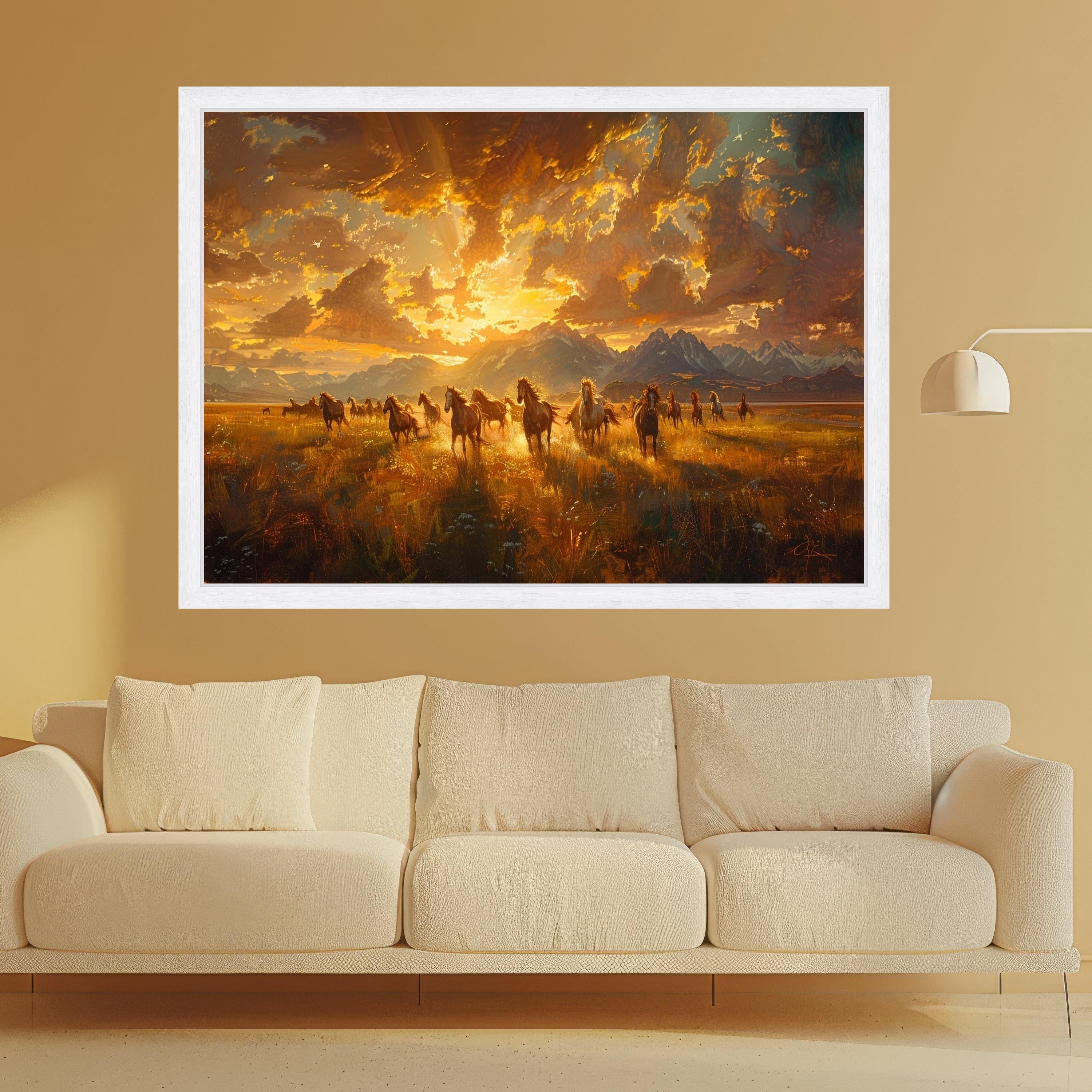 Wild Horses Running Canvas, Mountain Landscape Art, Sunset Scene Print, Nature Wall Decor, Framed Animal Canvas