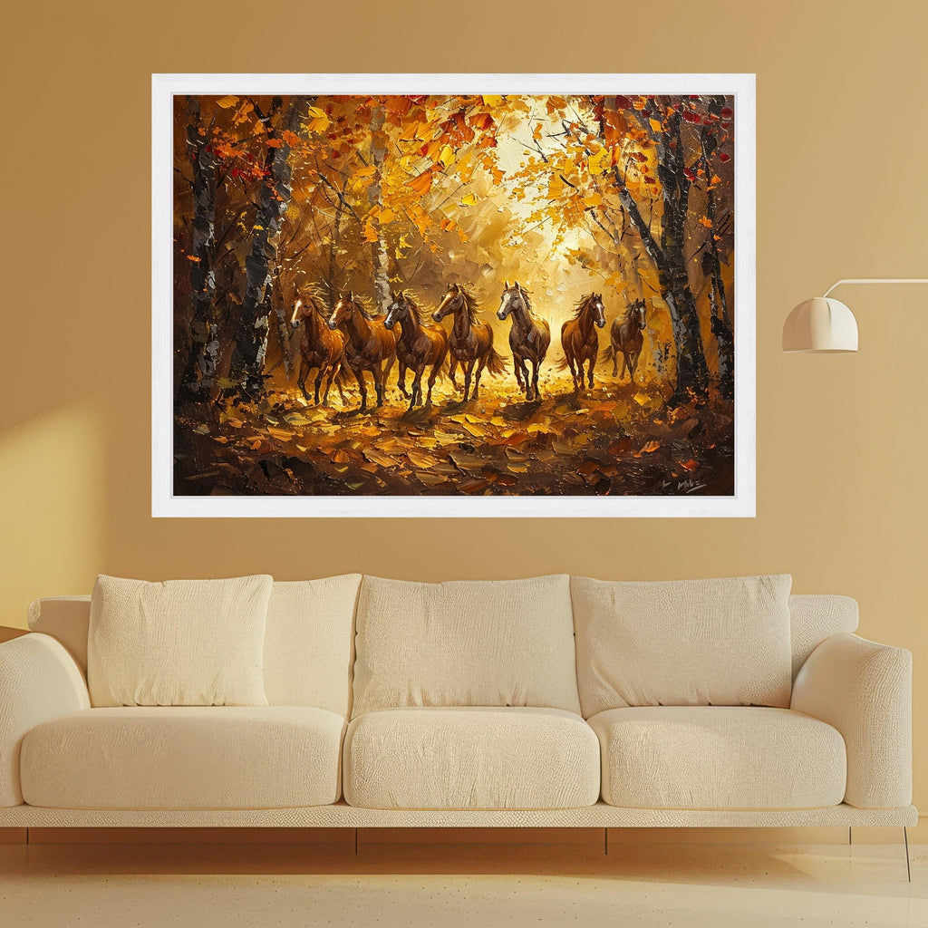 Running Horses in Autumn Forest, Nature Canvas Print, Framed Wall Art, Rustic Home Decoration