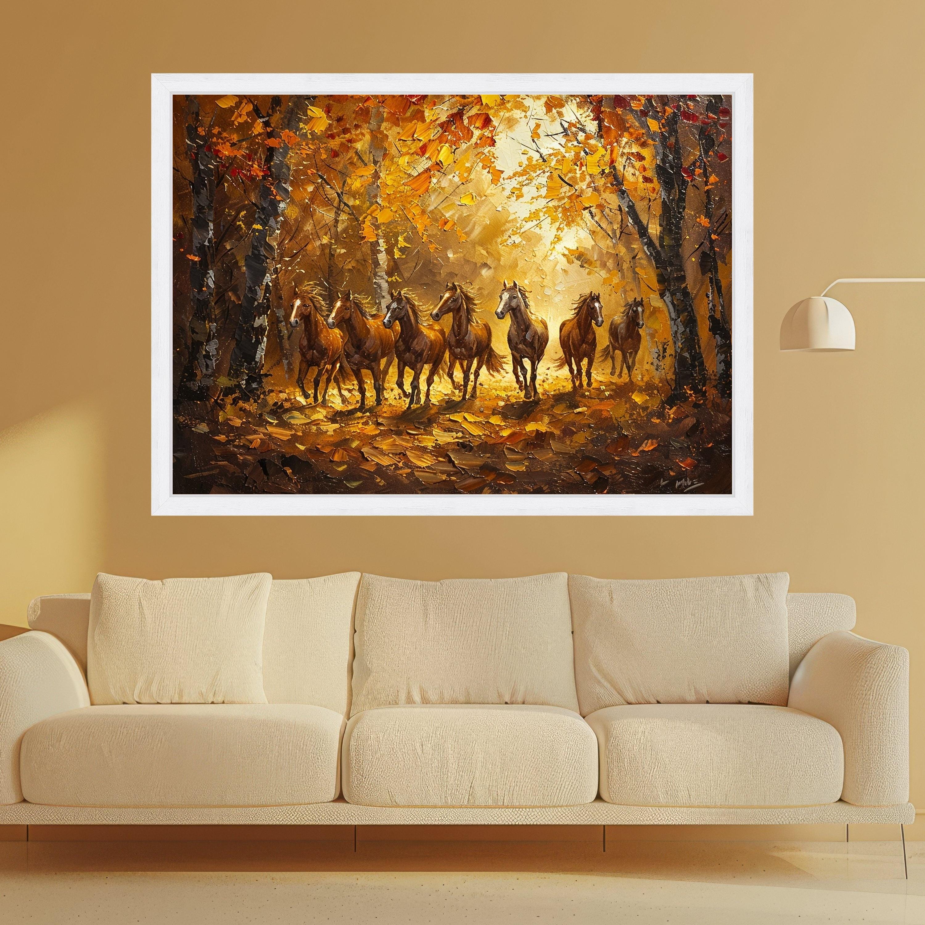 Running Horses in Autumn Forest, Nature Canvas Print, Framed Wall Art, Rustic Home Decoration