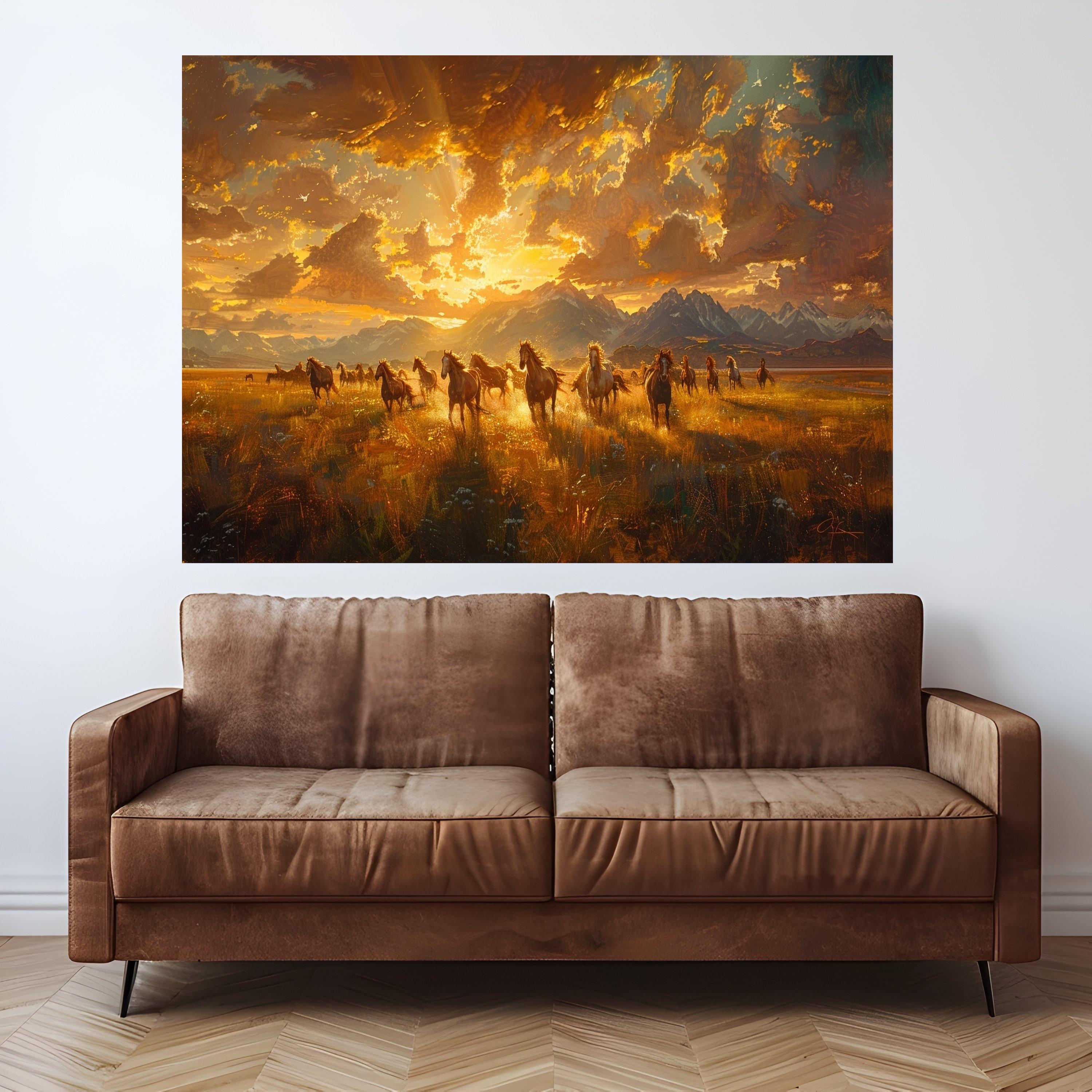 Wild Horses Running Canvas, Mountain Landscape Art, Sunset Scene Print, Nature Wall Decor, Framed Animal Canvas