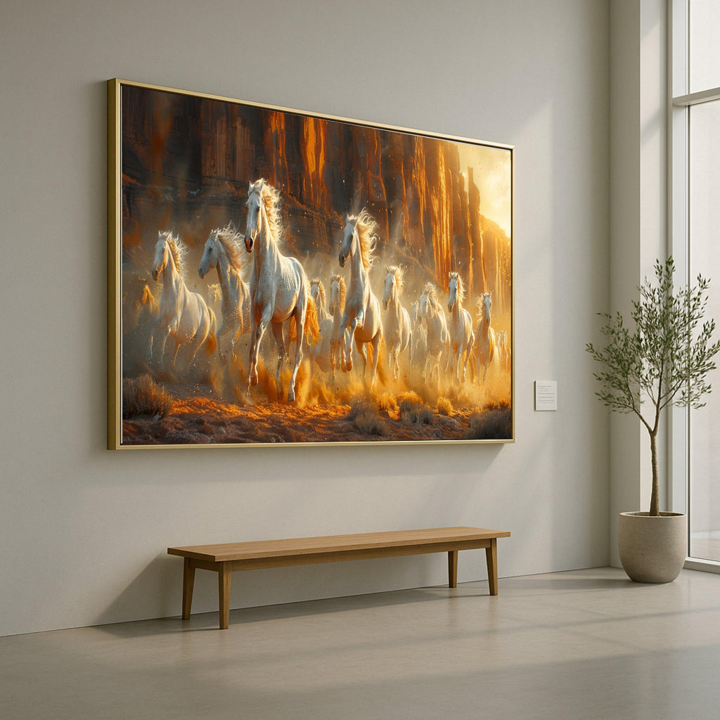 Wild White Horses Canvas, Desert Canyon Run, Nature Wall Art, Framed Animal Print, Rustic Home Decor