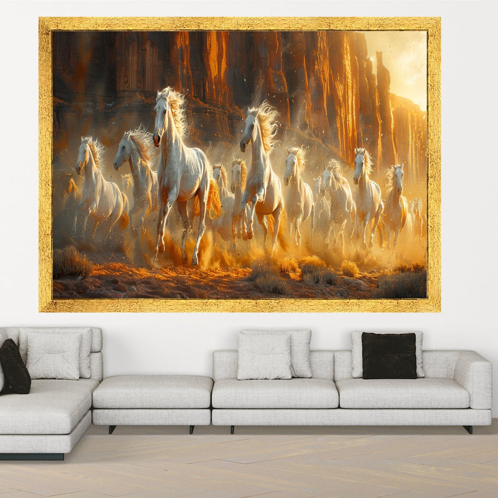 Wild White Horses Canvas, Desert Canyon Run, Nature Wall Art, Framed Animal Print, Rustic Home Decor