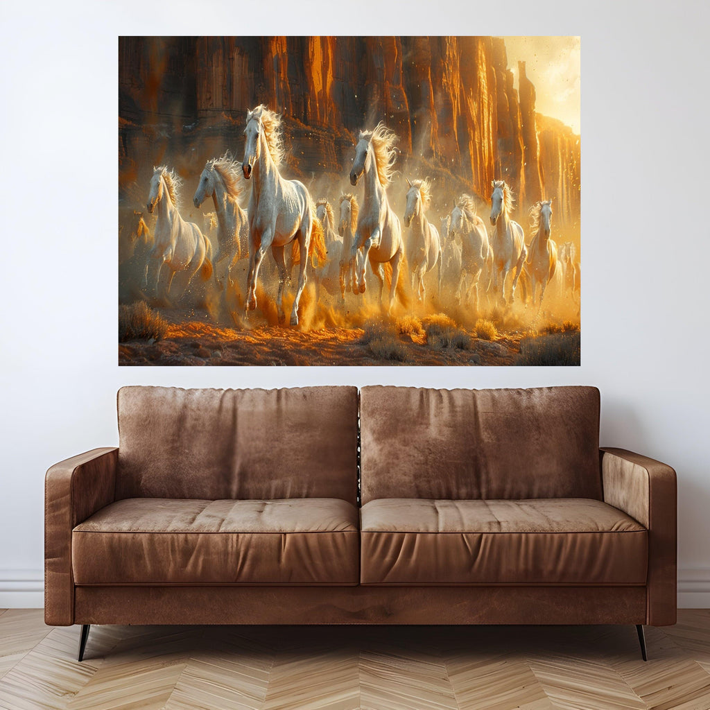 Wild White Horses Canvas, Desert Canyon Run, Nature Wall Art, Framed Animal Print, Rustic Home Decor