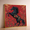 Regal Black Stallion Canvas, Red Rose Floral Horse Art, Gold Accent Wall Decor, Elegant Animal Canvas, Home Decoration Artwork