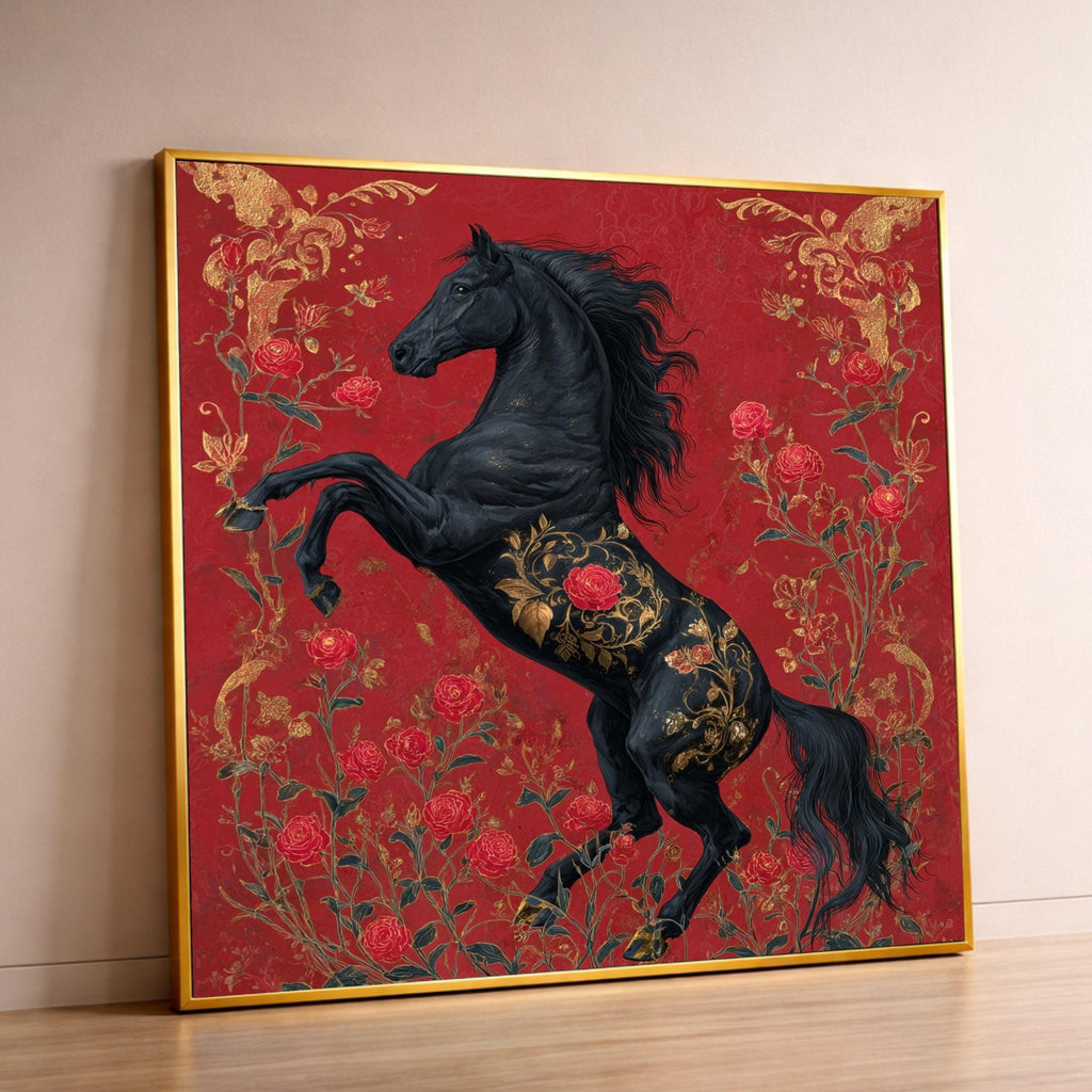 Regal Black Stallion Canvas, Red Rose Floral Horse Art, Gold Accent Wall Decor, Elegant Animal Canvas, Home Decoration Artwork