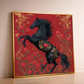Regal Black Stallion Canvas, Red Rose Floral Horse Art, Gold Accent Wall Decor, Elegant Animal Canvas, Home Decoration Artwork