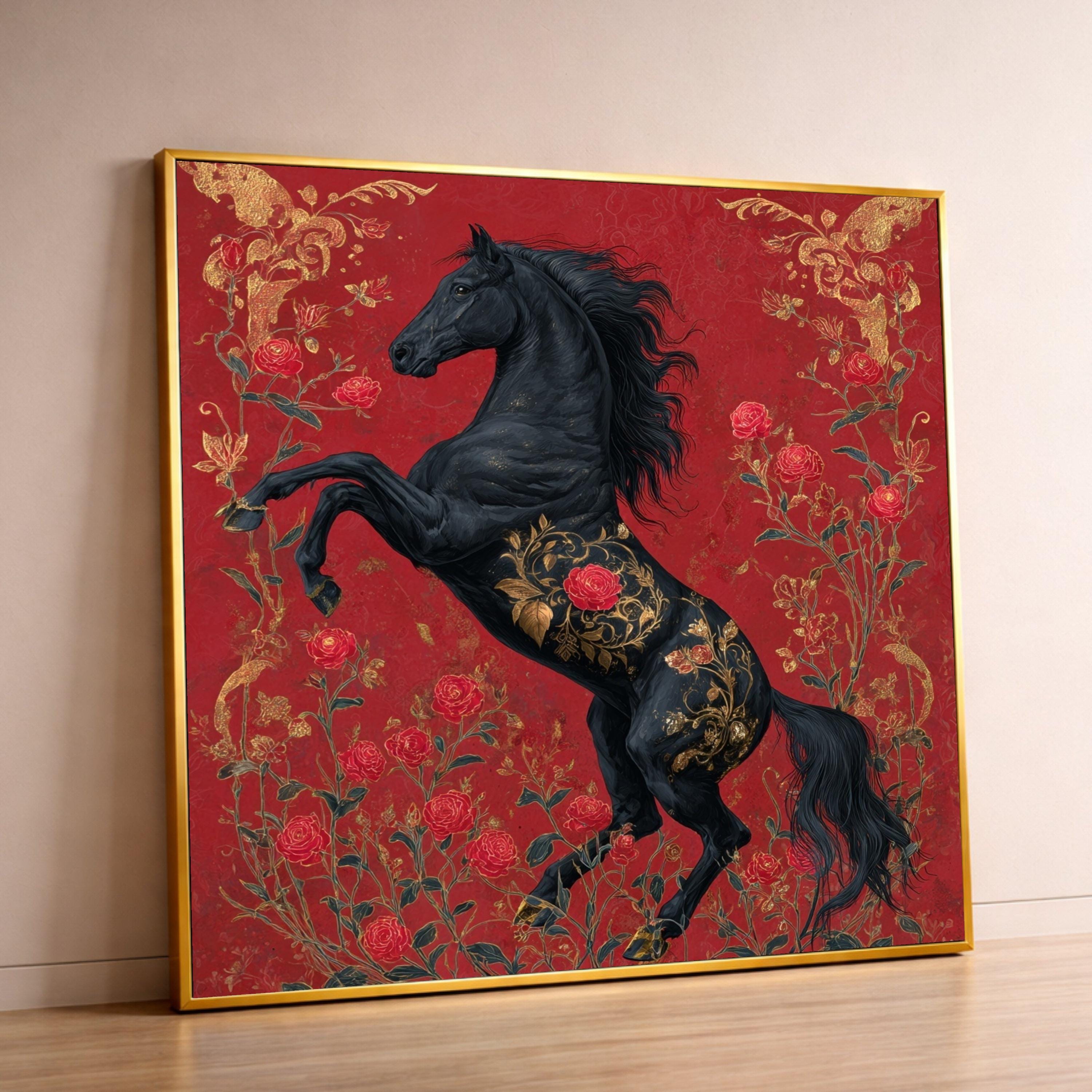Regal Black Stallion Canvas, Red Rose Floral Horse Art, Gold Accent Wall Decor, Elegant Animal Canvas, Home Decoration Artwork