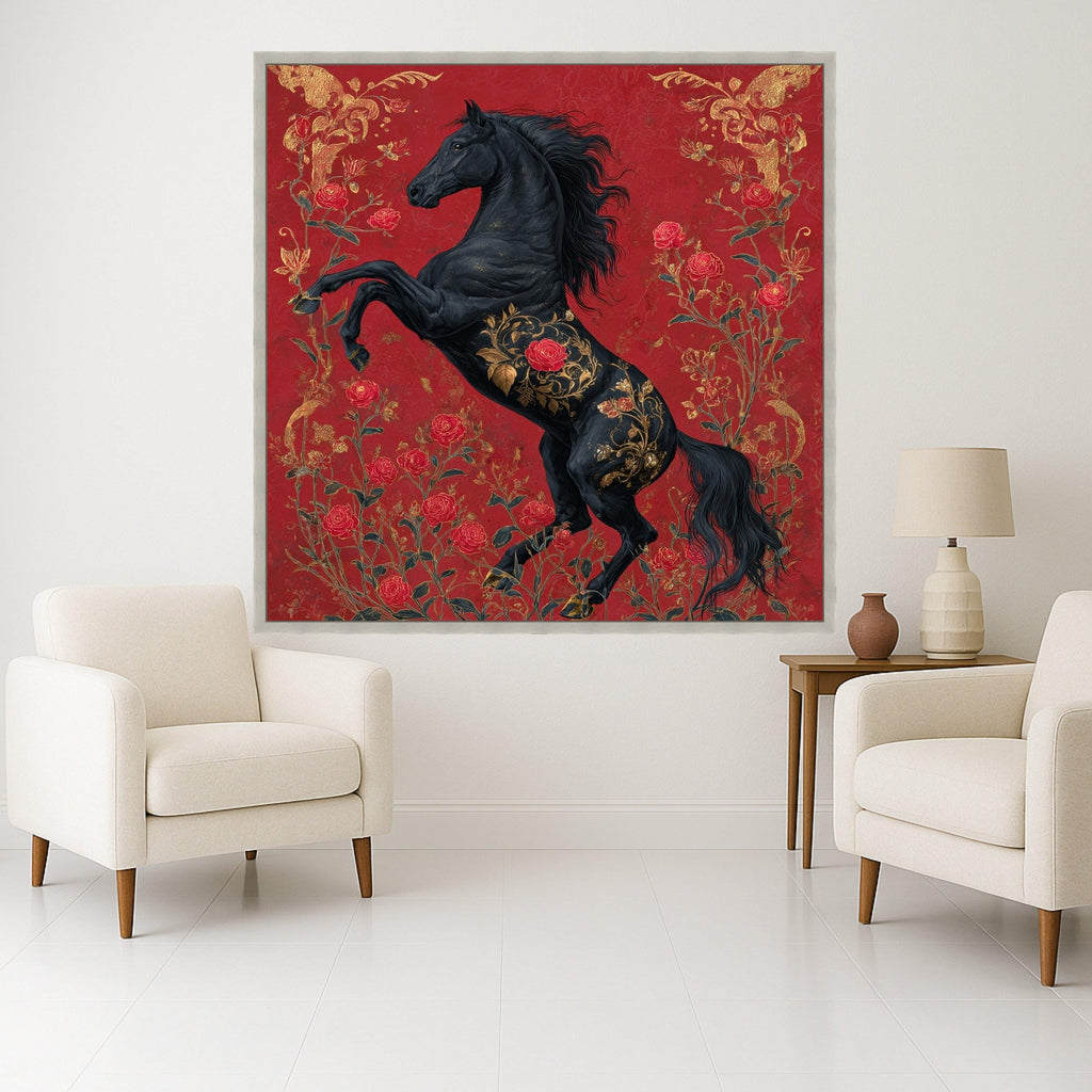 Regal Black Stallion Canvas, Red Rose Floral Horse Art, Gold Accent Wall Decor, Elegant Animal Canvas, Home Decoration Artwork