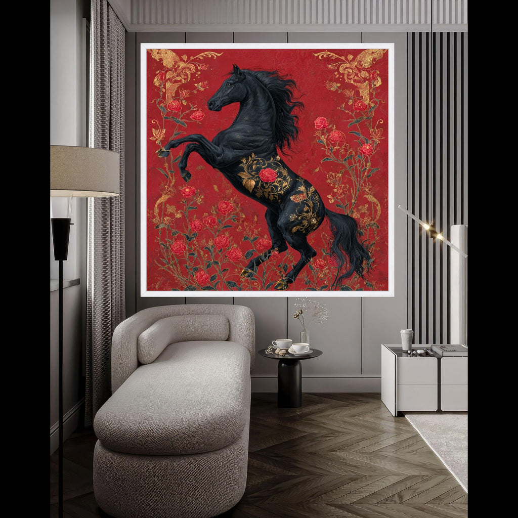 Regal Black Stallion Canvas, Red Rose Floral Horse Art, Gold Accent Wall Decor, Elegant Animal Canvas, Home Decoration Artwork