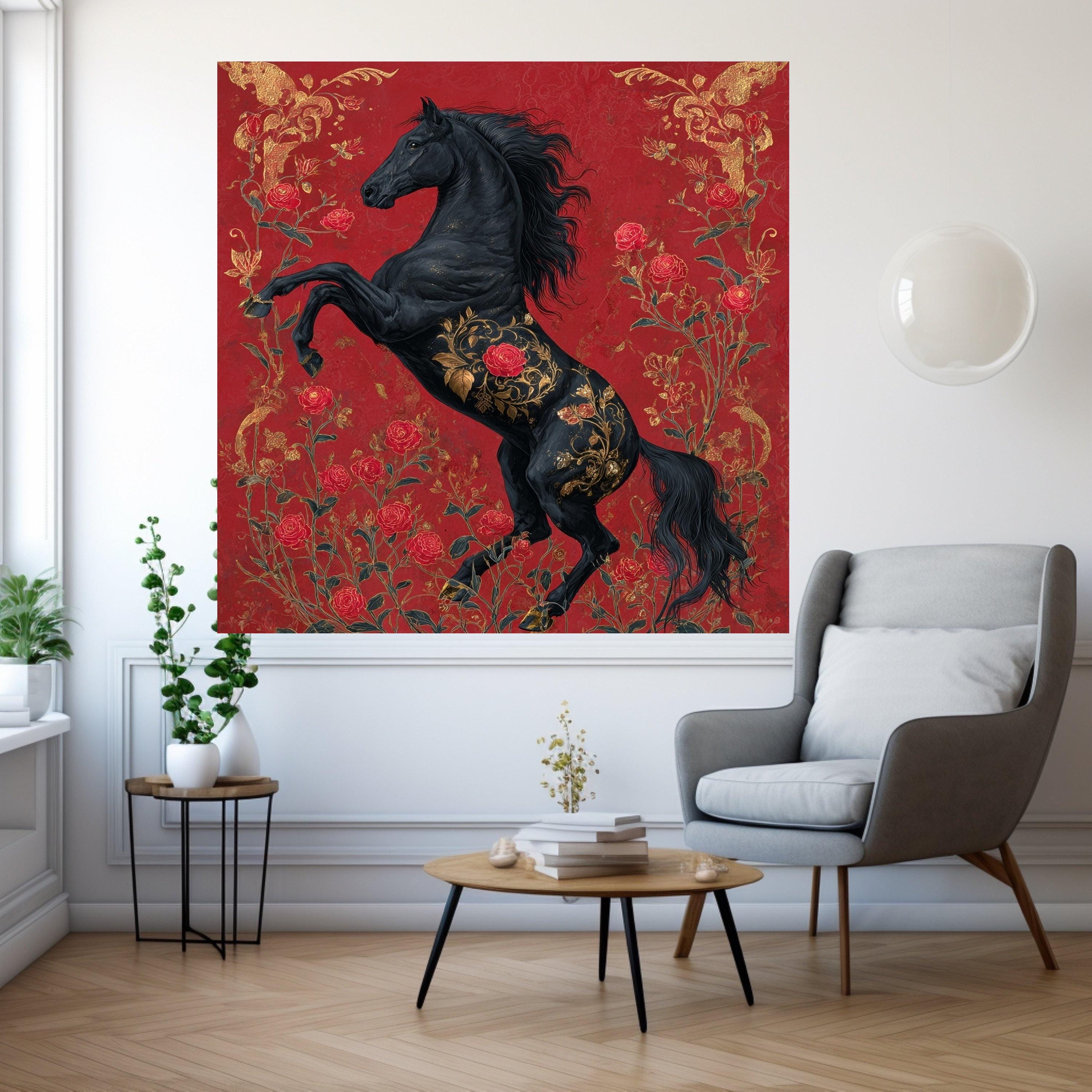 Regal Black Stallion Canvas, Red Rose Floral Horse Art, Gold Accent Wall Decor, Elegant Animal Canvas, Home Decoration Artwork