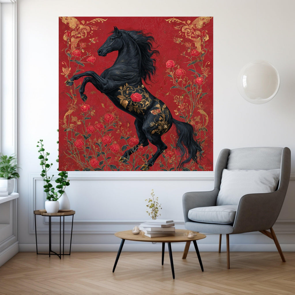 Regal Black Stallion Canvas, Red Rose Floral Horse Art, Gold Accent Wall Decor, Elegant Animal Canvas, Home Decoration Artwork