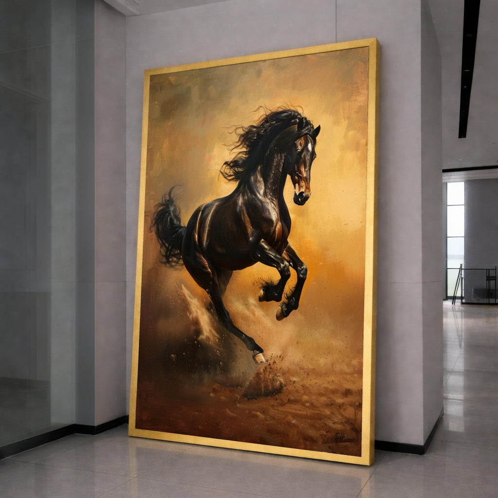 Majestic Black Stallion Running Canvas, Dynamic Horse Artwork, Wild Animal Wall Art, Equestrian Home Decor, Ready to Hang Canvas
