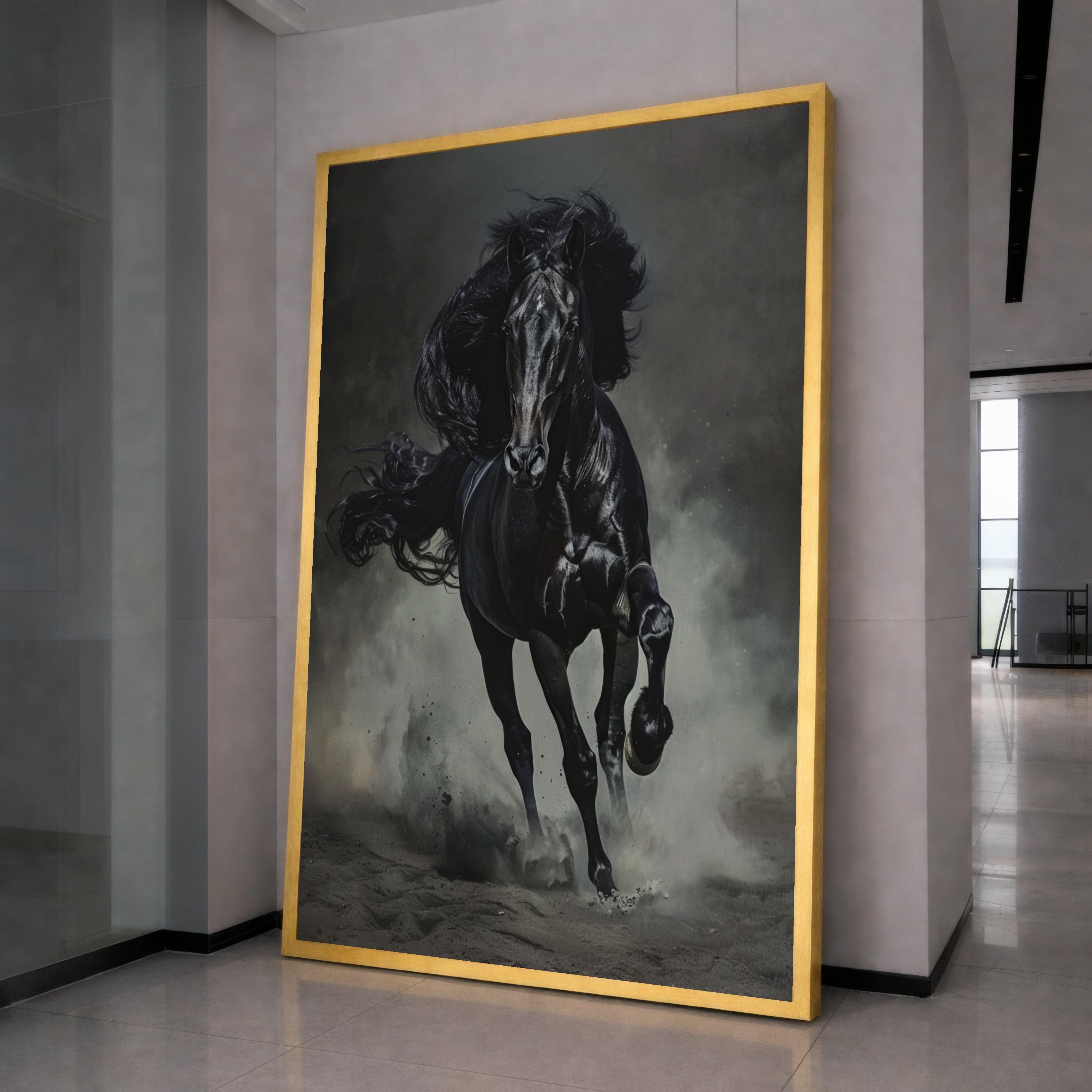 Majestic Black Stallion Running Canvas, Dark Horse Wall Art, Equestrian Home Decor, Powerful Animal Canvas, Motion Wall Art Design