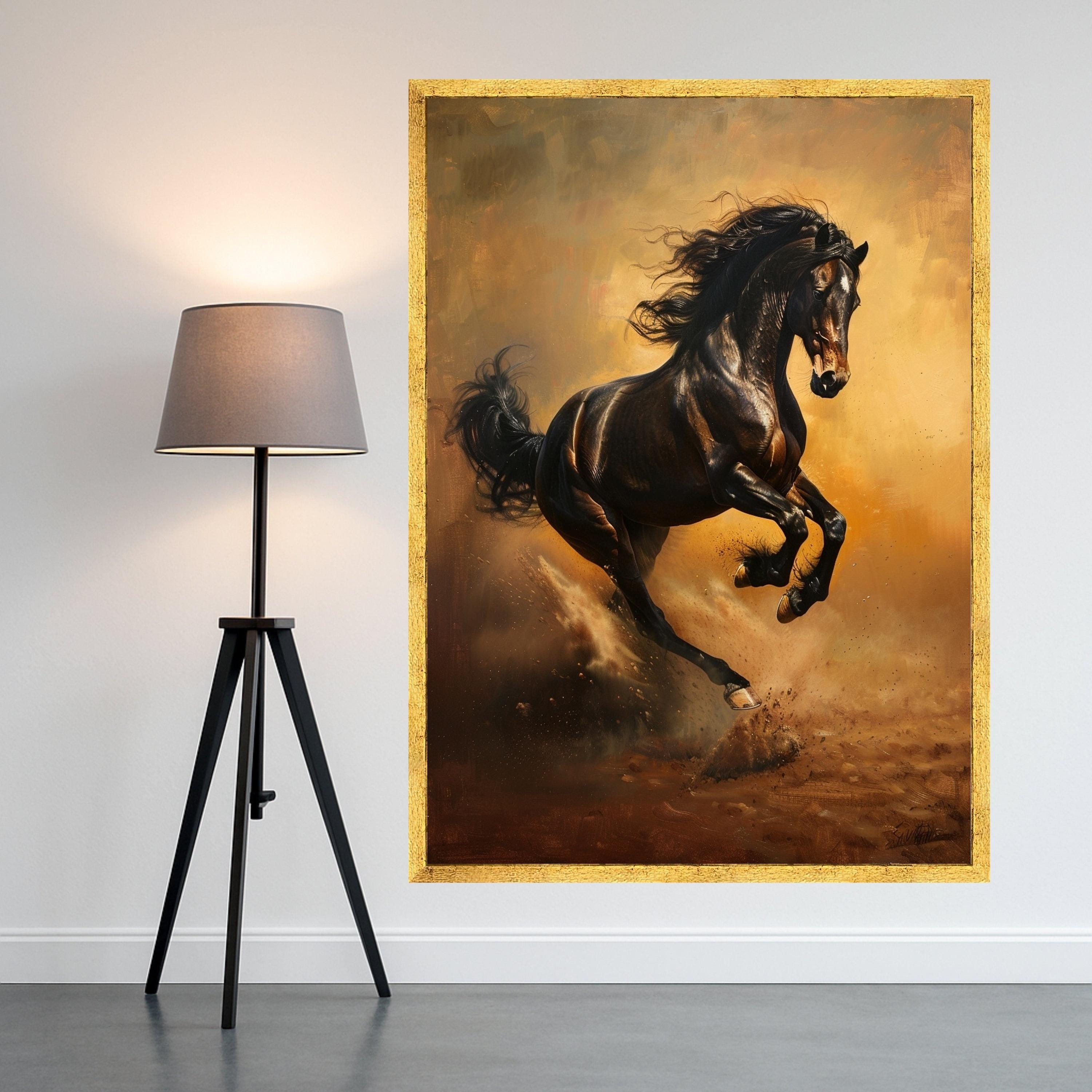 Majestic Black Stallion Running Canvas, Dynamic Horse Artwork, Wild Animal Wall Art, Equestrian Home Decor, Ready to Hang Canvas