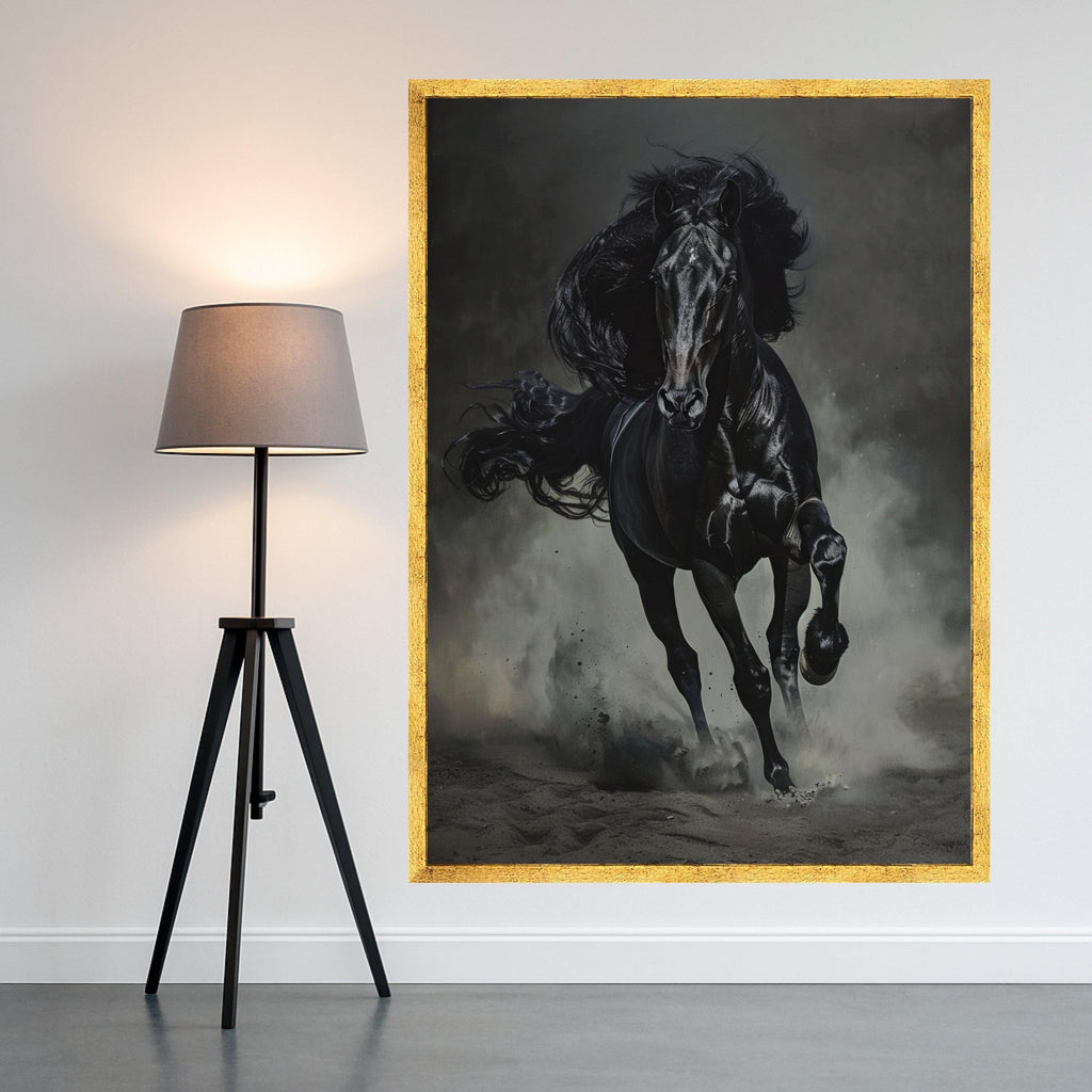 Majestic Black Stallion Running Canvas, Dark Horse Wall Art, Equestrian Home Decor, Powerful Animal Canvas, Motion Wall Art Design
