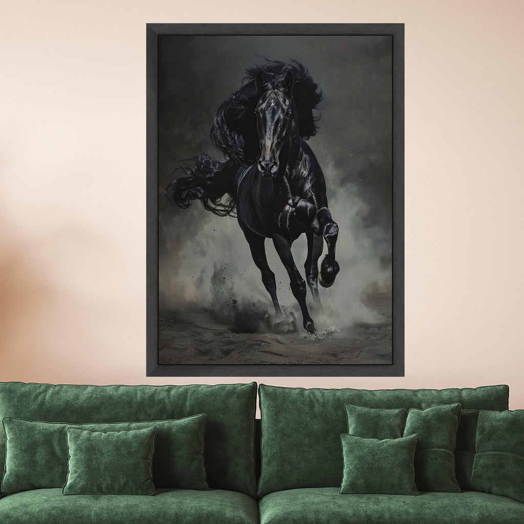 Majestic Black Stallion Running Canvas, Dark Horse Wall Art, Equestrian Home Decor, Powerful Animal Canvas, Motion Wall Art Design