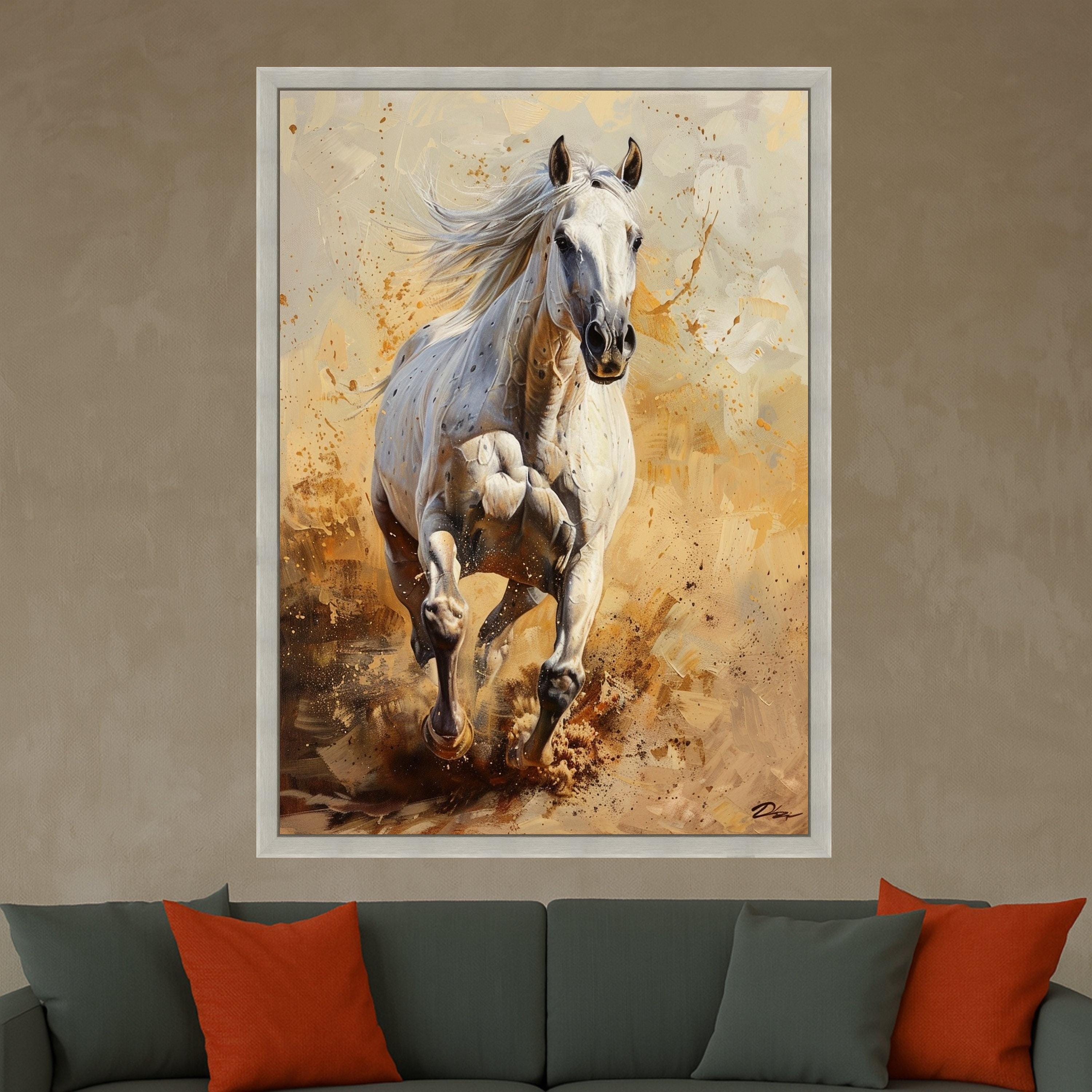 Majestic White Horse Running Canvas, Wild Horse Wall Art, Energetic Animal Canvas, Nature Inspired Decoration, Rustic Home Canvas Art