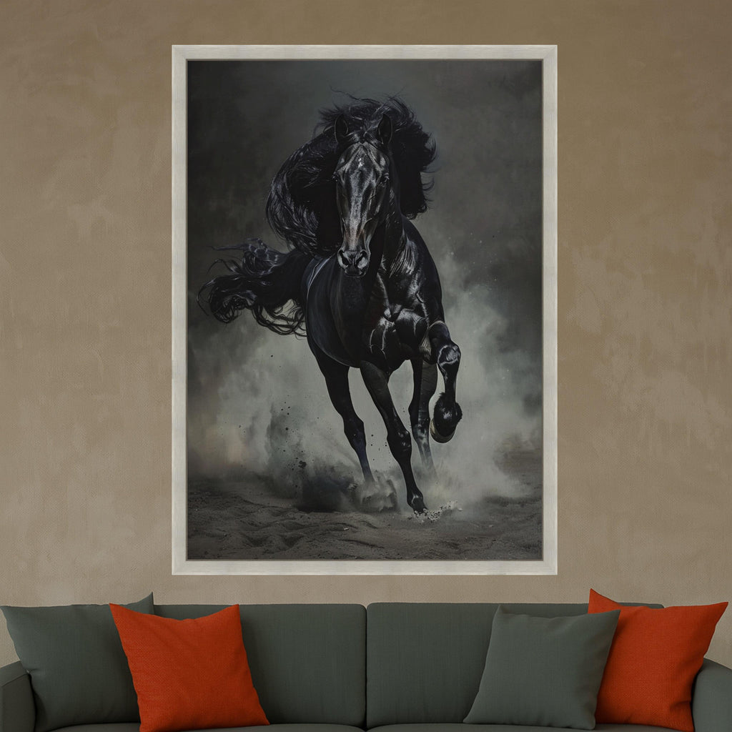Majestic Black Stallion Running Canvas, Dark Horse Wall Art, Equestrian Home Decor, Powerful Animal Canvas, Motion Wall Art Design