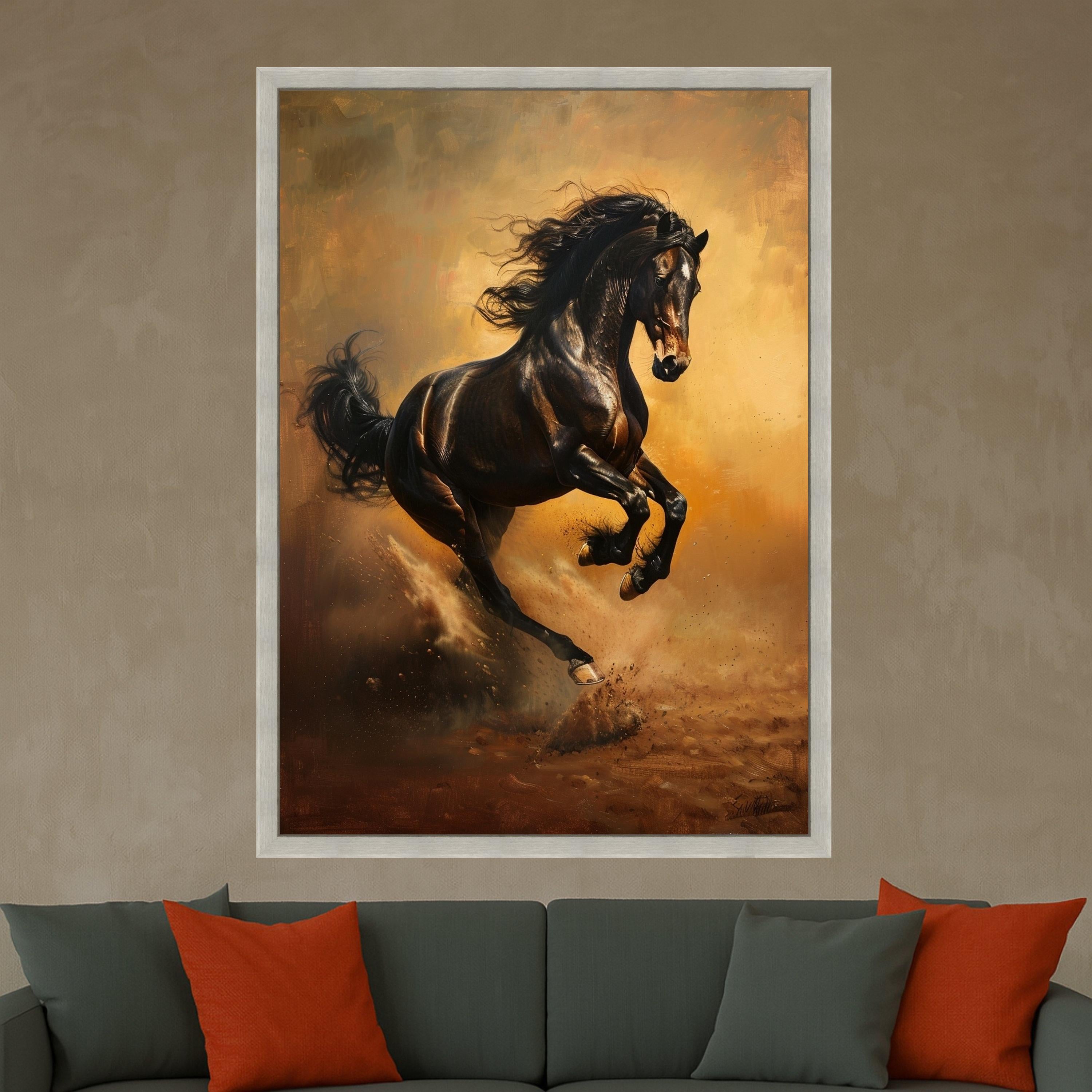 Majestic Black Stallion Running Canvas, Dynamic Horse Artwork, Wild Animal Wall Art, Equestrian Home Decor, Ready to Hang Canvas
