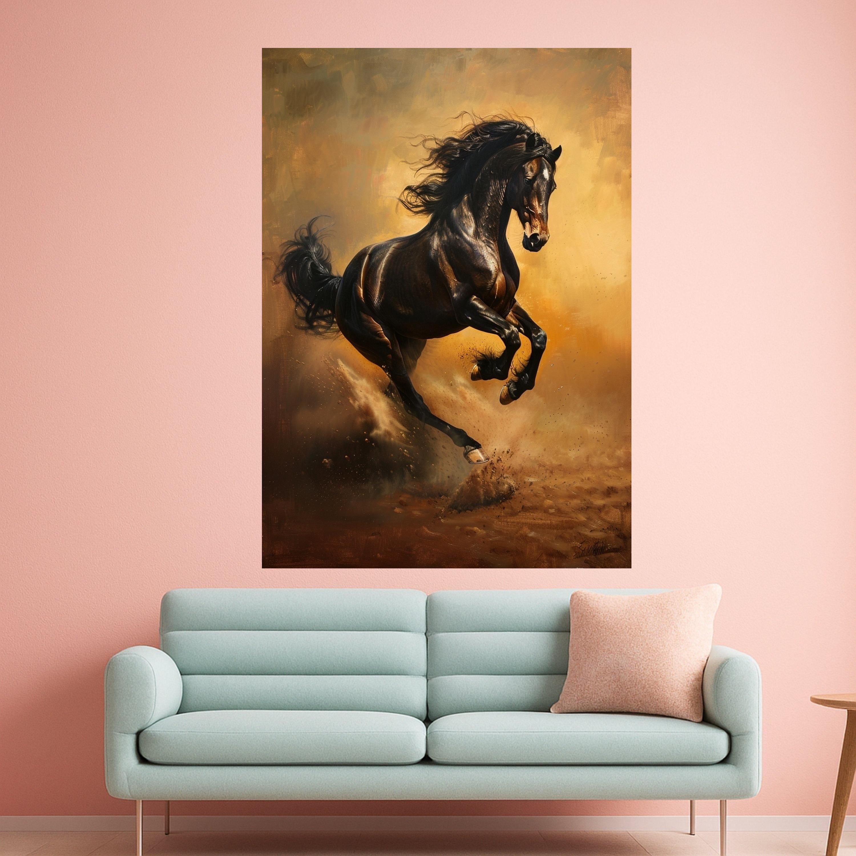 Majestic Black Stallion Running Canvas, Dynamic Horse Artwork, Wild Animal Wall Art, Equestrian Home Decor, Ready to Hang Canvas