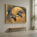 Flying Cranes Canvas Wall Art, Golden Moon Background, Elegant Bird Illustration, Contemporary Nature Canvas, Home Decor Wall Design