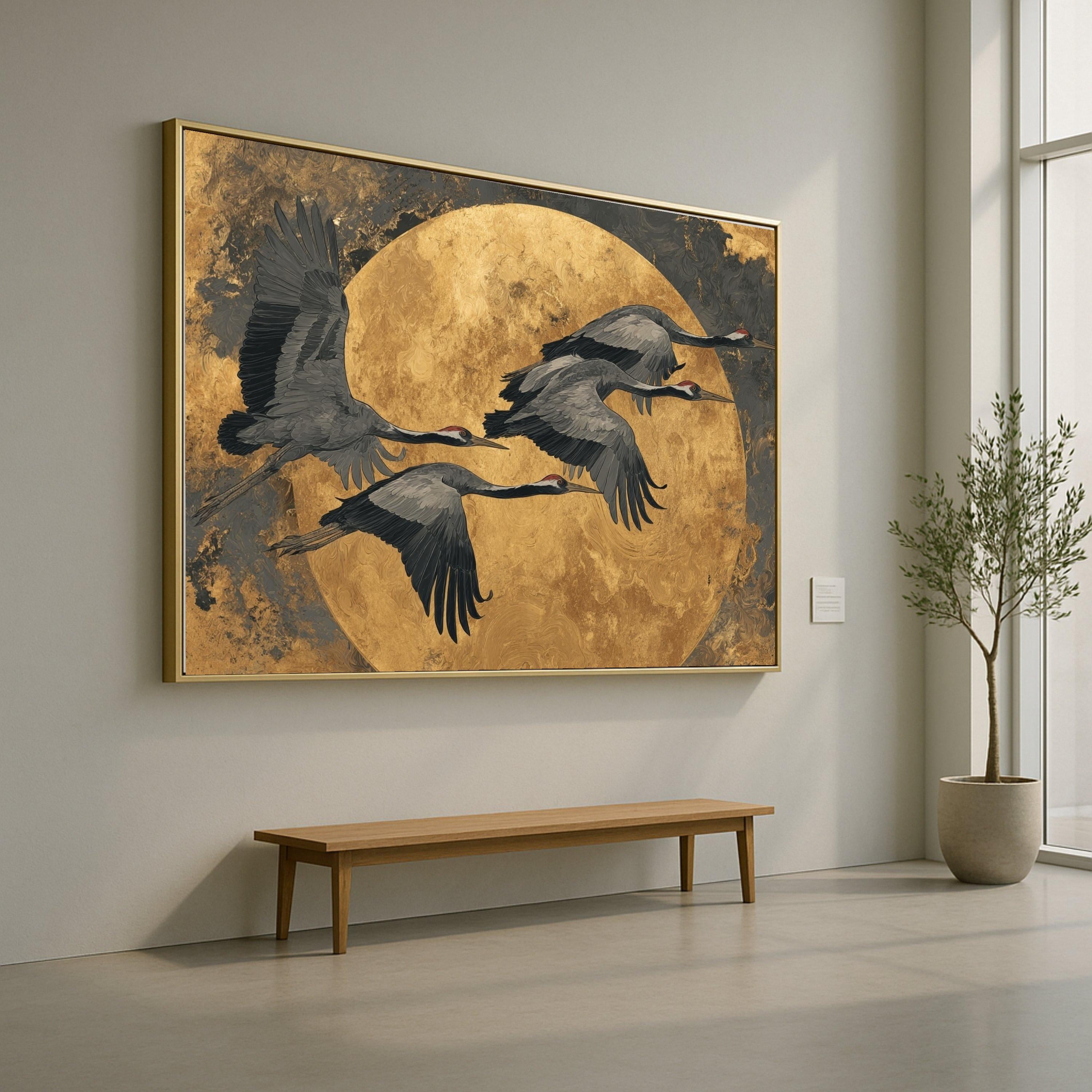 Flying Cranes Canvas Wall Art, Golden Moon Background, Elegant Bird Illustration, Contemporary Nature Canvas, Home Decor Wall Design