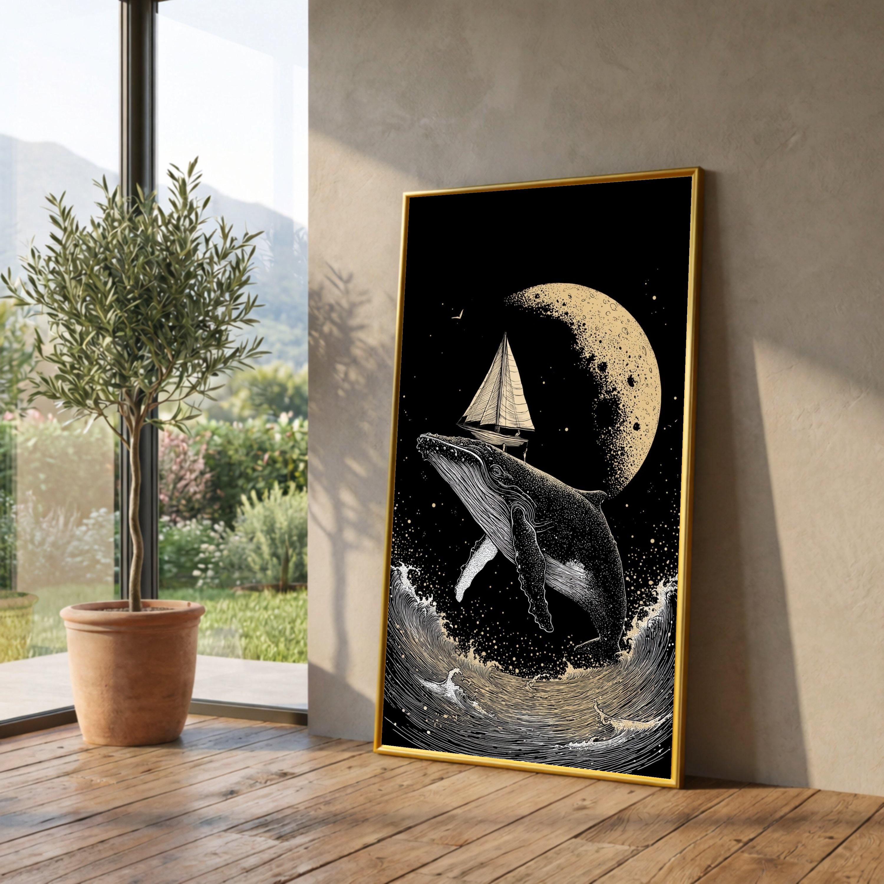 Surreal Whale with Sailboat Canvas, Moonlit Ocean Scene, Nautical Wall Art, Night Sea Adventure Canvas, Fantasy Marine Decor