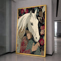 Embrace of Serenity Canvas, Woman with White Horse Wall Art, Floral Patterned Home Decoration, Boho Style Canvas, Calm Nature Scene