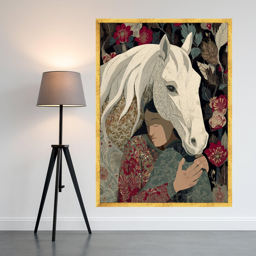 Embrace of Serenity Canvas, Woman with White Horse Wall Art, Floral Patterned Home Decoration, Boho Style Canvas, Calm Nature Scene