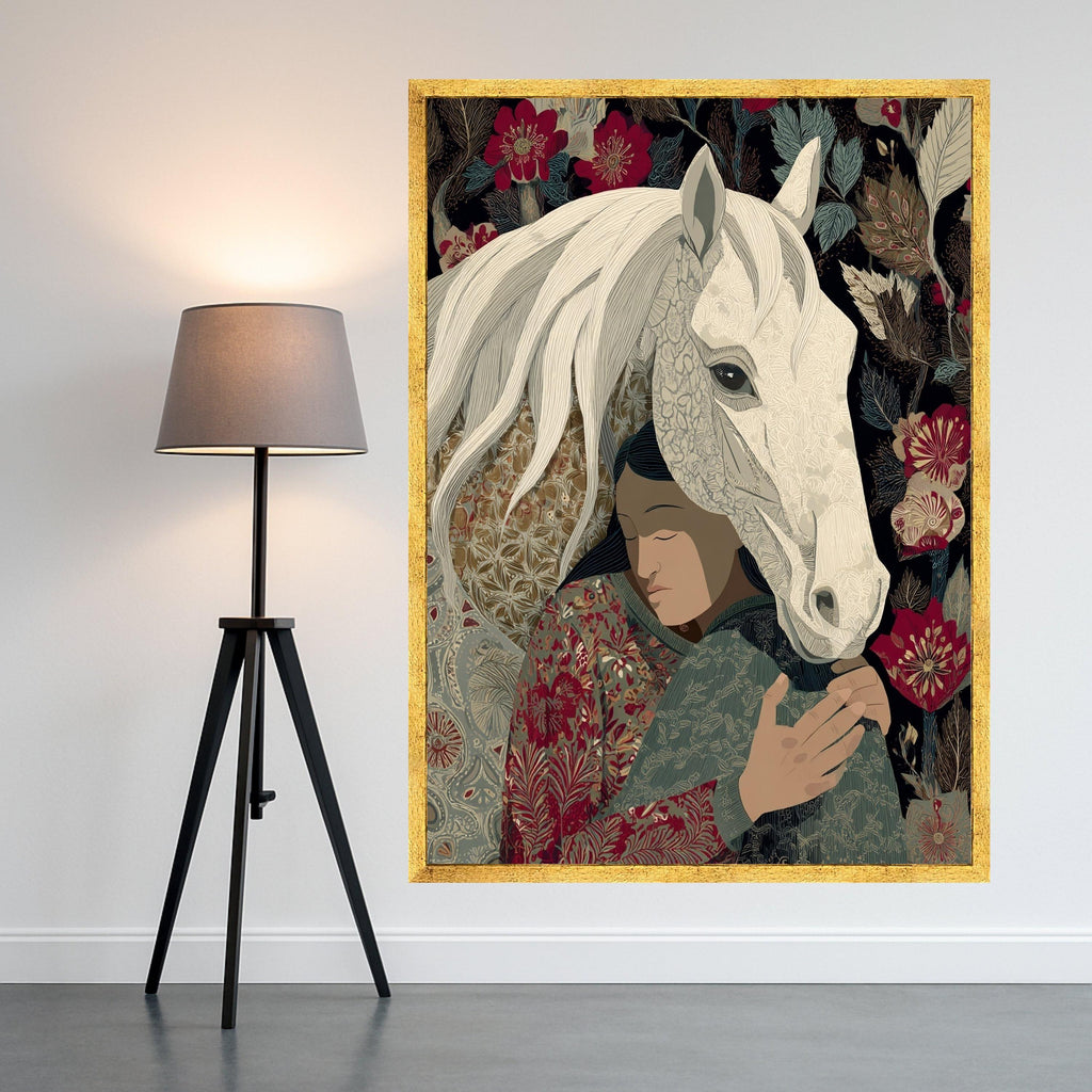 Embrace of Serenity Canvas, Woman with White Horse Wall Art, Floral Patterned Home Decoration, Boho Style Canvas, Calm Nature Scene