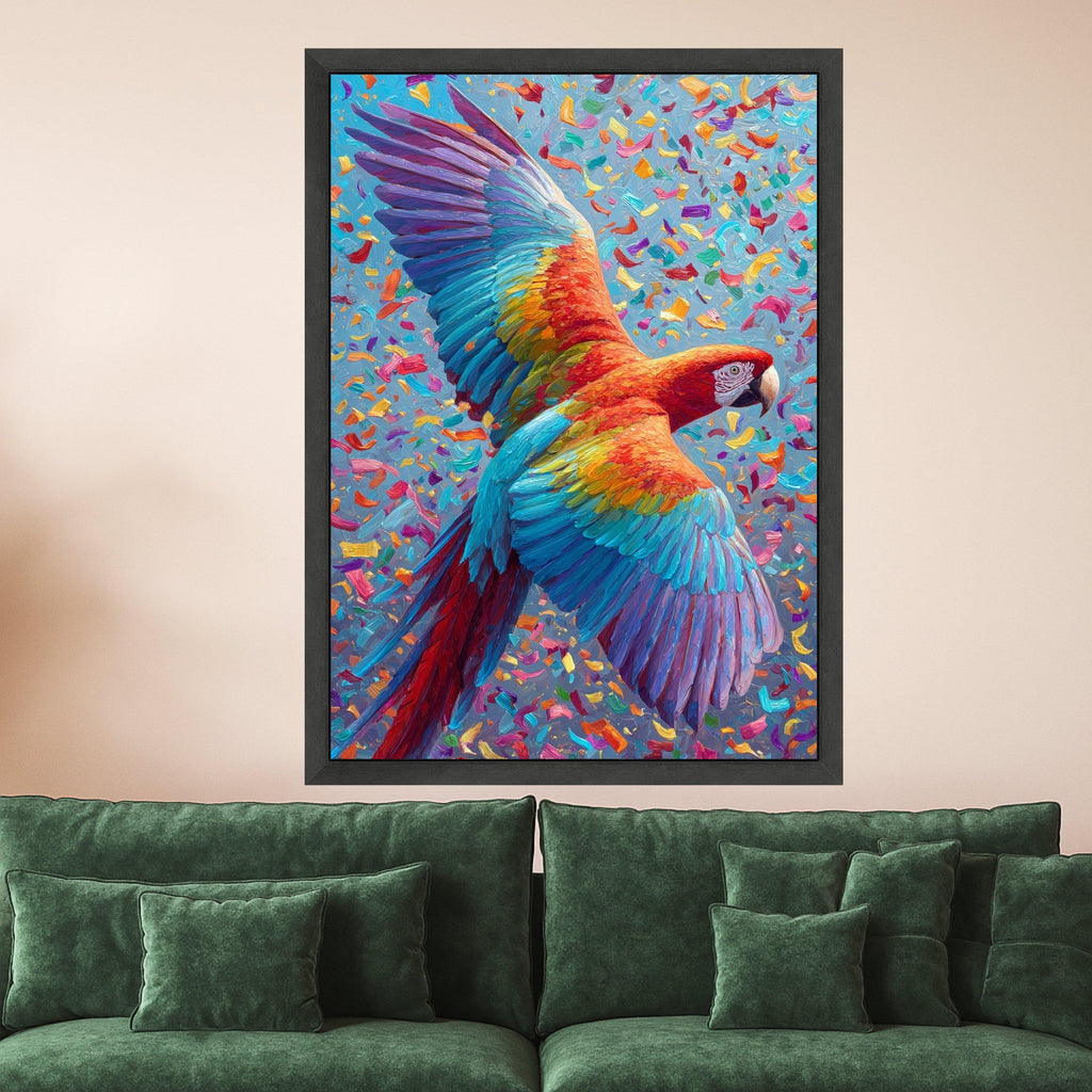 Vibrant Macaw in Flight Canvas, Colorful Tropical Bird Wall Art, Exotic Wildlife Decoration, Bright Nature Scene Canvas